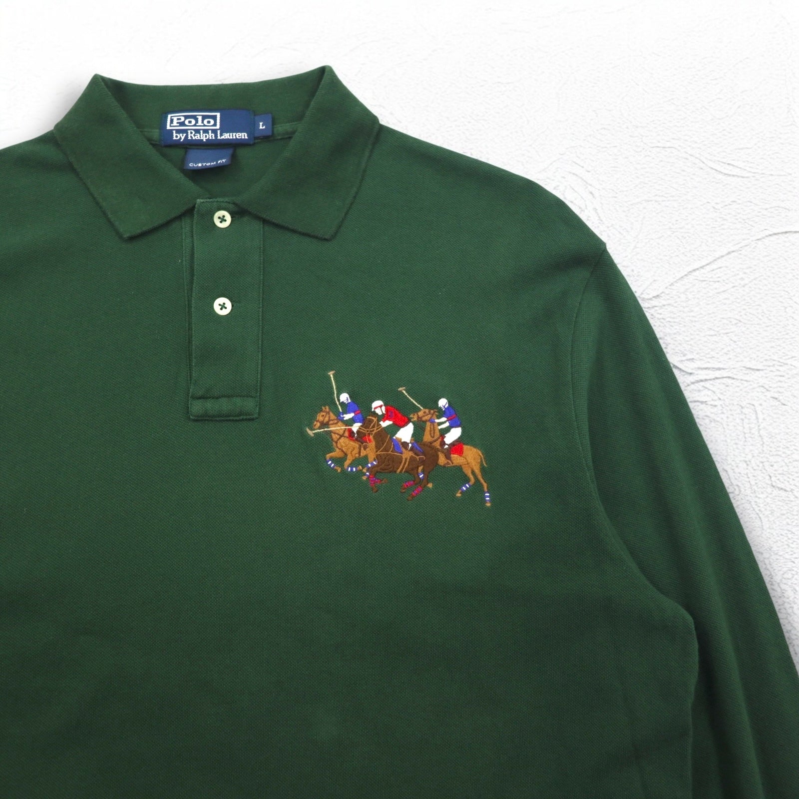 Polo by Ralph Lauren Polo a maniche lunghe Rugby shirt L Verde Piqué CUSTOM FIT Ricamo Numeri