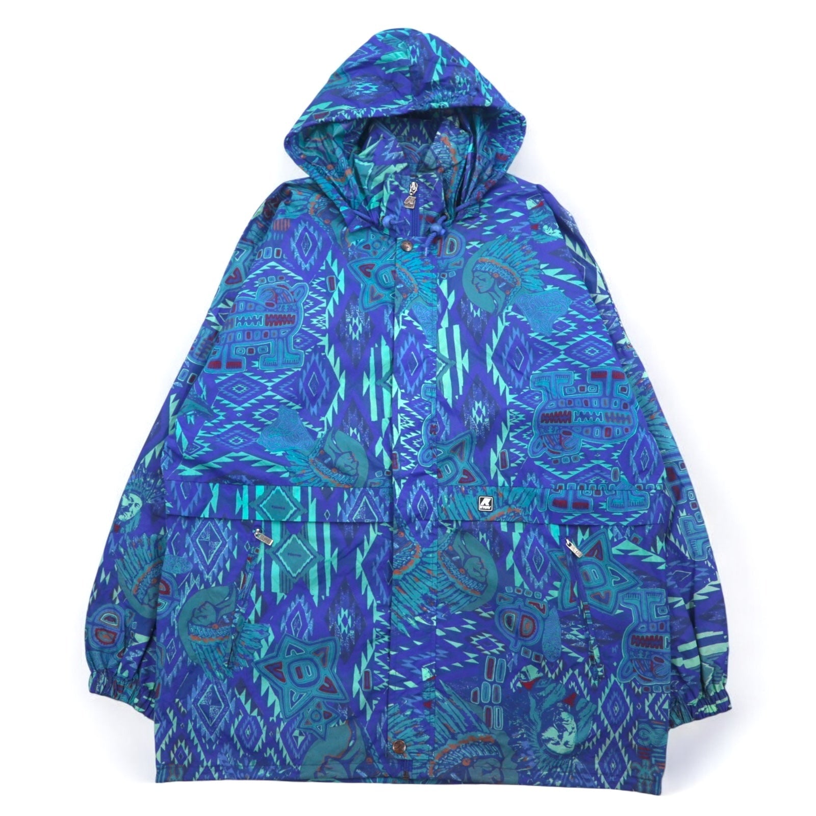 K-WAY Anni '90, Cappuccio richiudibile, Giacca in nylon packable, Felpa, XL, Blu, Fantasia, Motivo nativo, Indiano