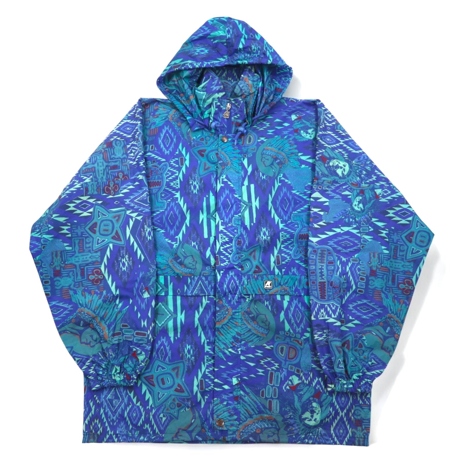 K-WAY Anni '90, Cappuccio richiudibile, Giacca in nylon packable, Felpa, XL, Blu, Fantasia, Motivo nativo, Indiano