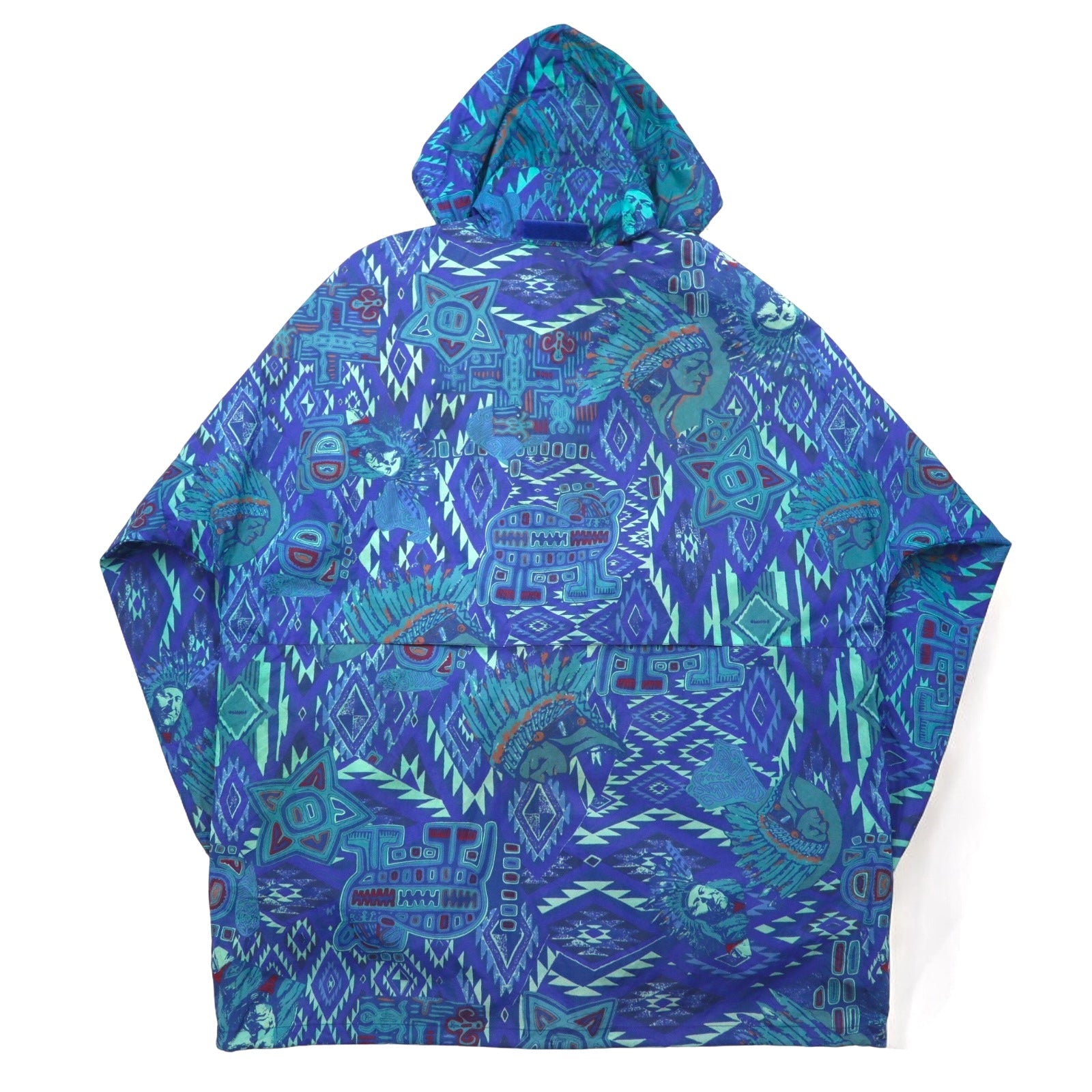 K-WAY Anni '90, Cappuccio richiudibile, Giacca in nylon packable, Felpa, XL, Blu, Fantasia, Motivo nativo, Indiano