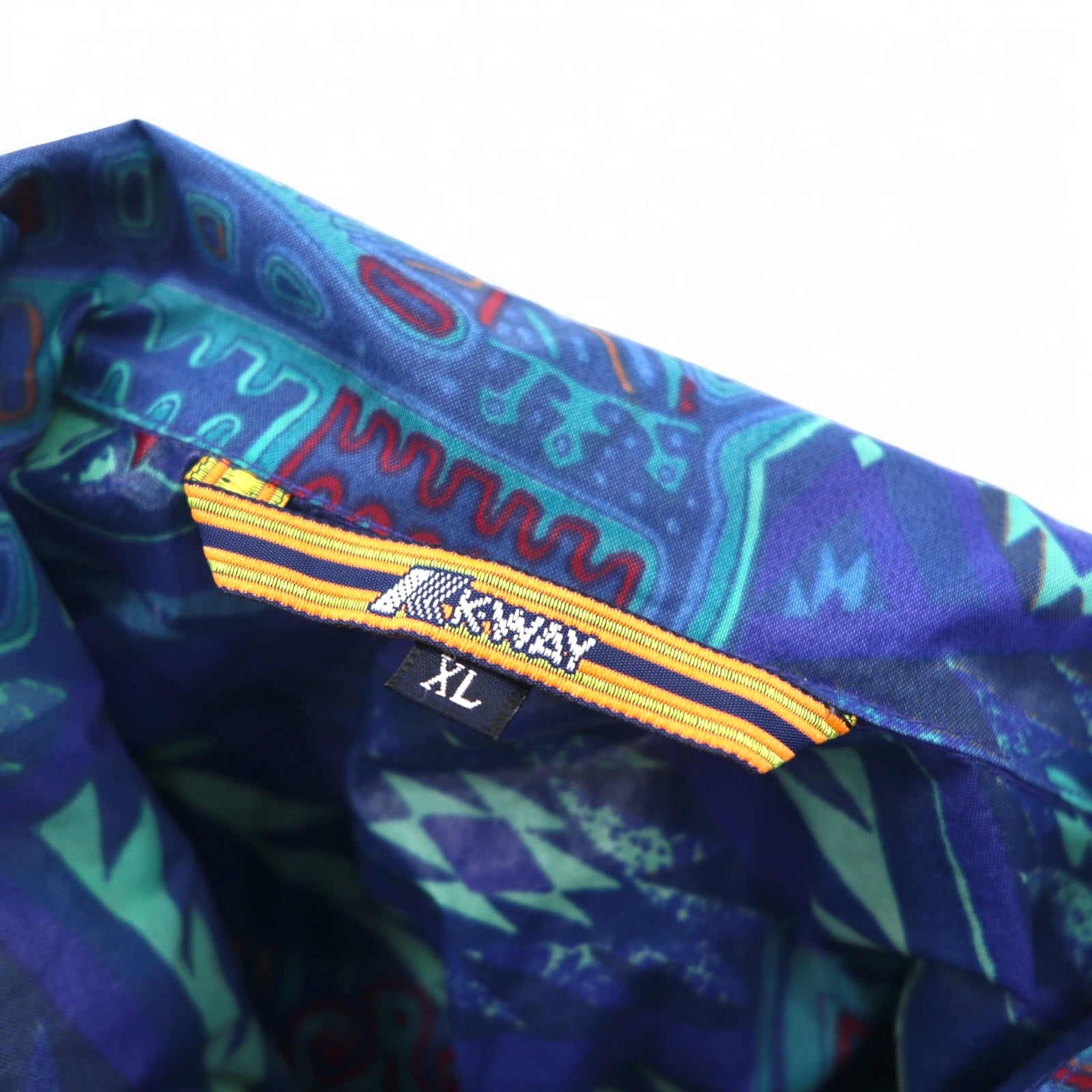 K-WAY Anni '90, Cappuccio richiudibile, Giacca in nylon packable, Felpa, XL, Blu, Fantasia, Motivo nativo, Indiano