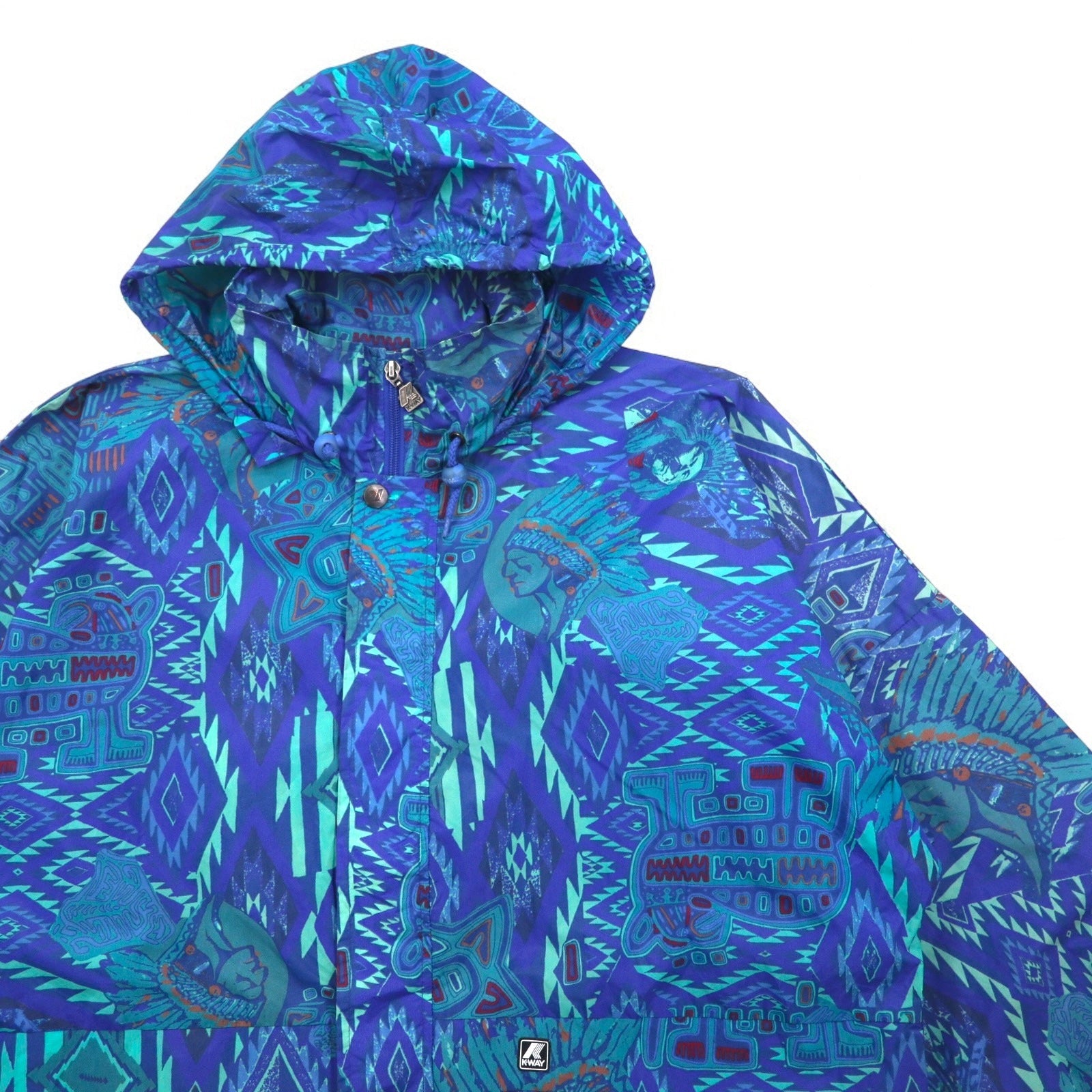 K-WAY Anni '90, Cappuccio richiudibile, Giacca in nylon packable, Felpa, XL, Blu, Fantasia, Motivo nativo, Indiano