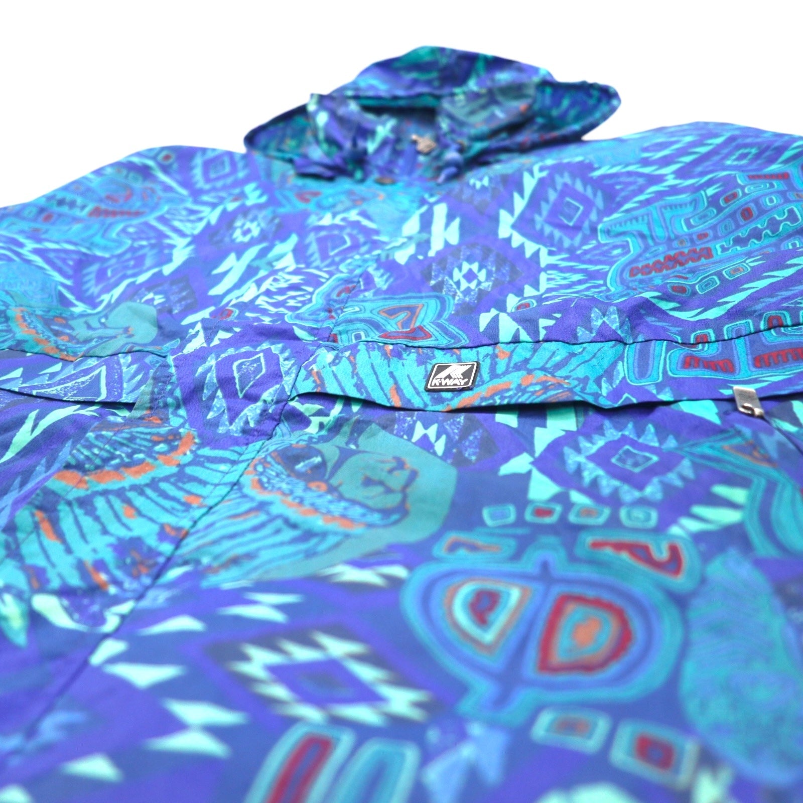 K-WAY Anni '90, Cappuccio richiudibile, Giacca in nylon packable, Felpa, XL, Blu, Fantasia, Motivo nativo, Indiano