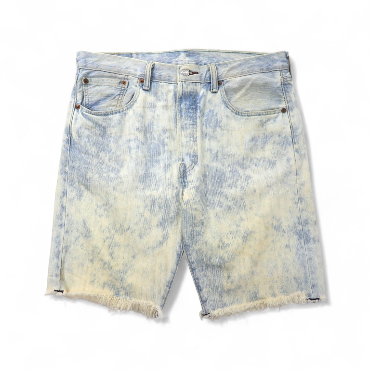Levi's 501 shorts in denim con lavaggio acido, taglio vivo, taglia L, blu, in cotone, con chiusura a bottoni