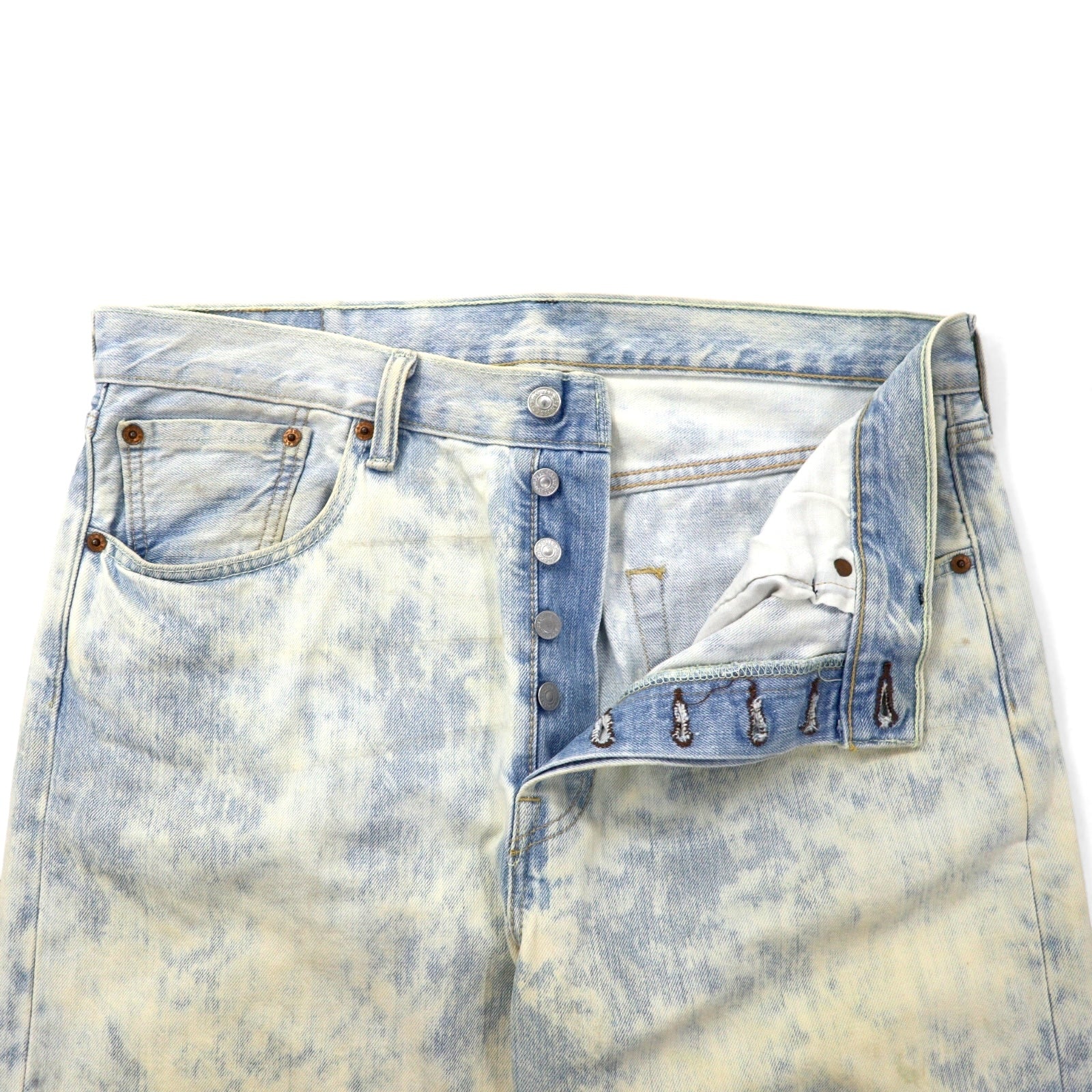Levi's 501 shorts in denim con lavaggio acido, taglio vivo, taglia L, blu, in cotone, con chiusura a bottoni