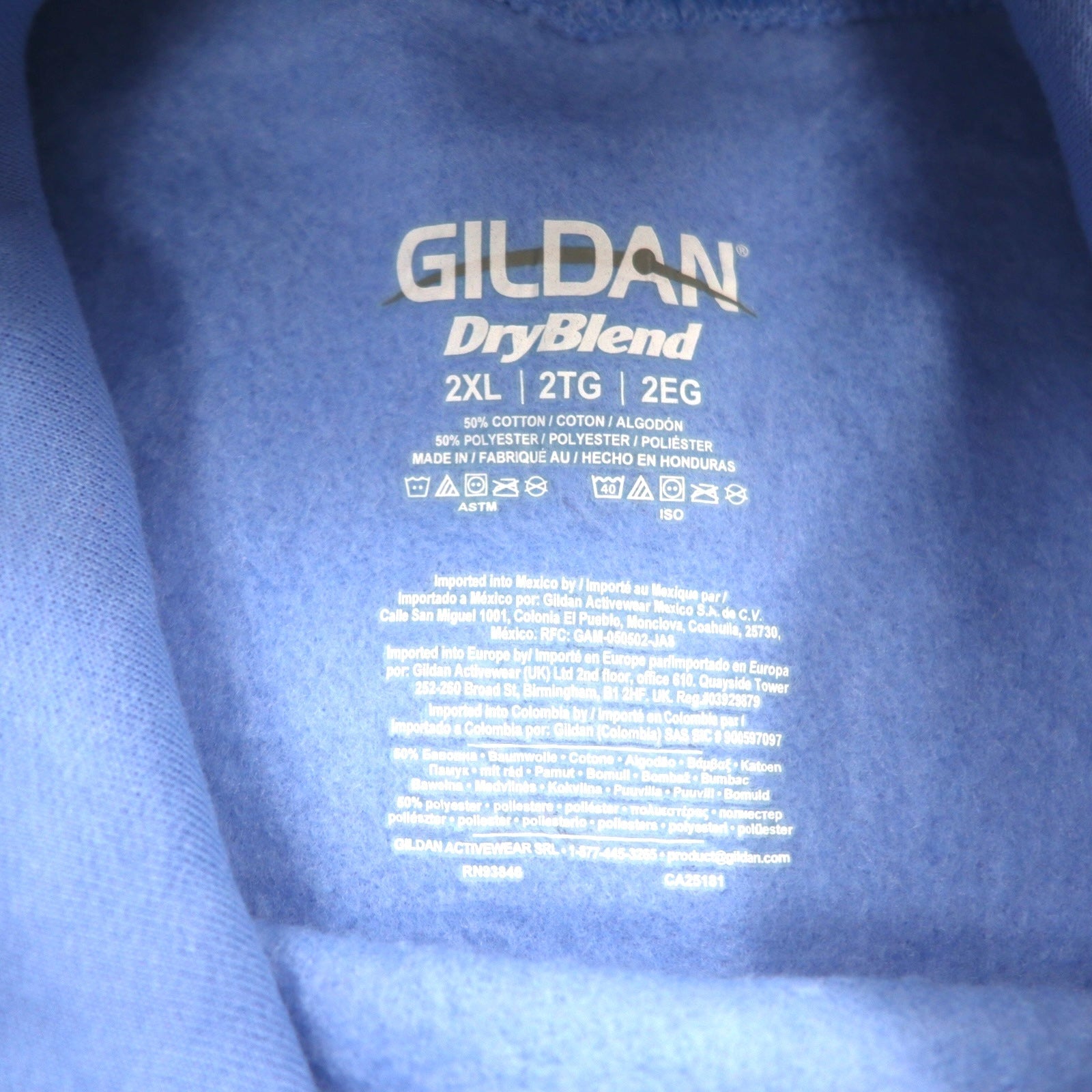 GILDAN Felpa pullover college 2XL blu Dry Blend interno felpato JUGDE logo ad arco Prodotto in Honduras