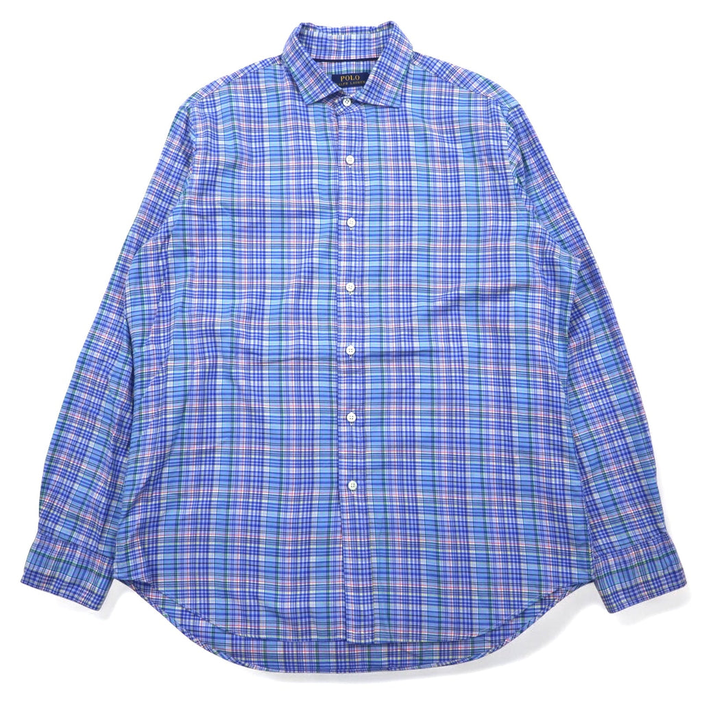 POLO RALPH LAUREN Camicia elegente a collo largo L blu scozzese cotone