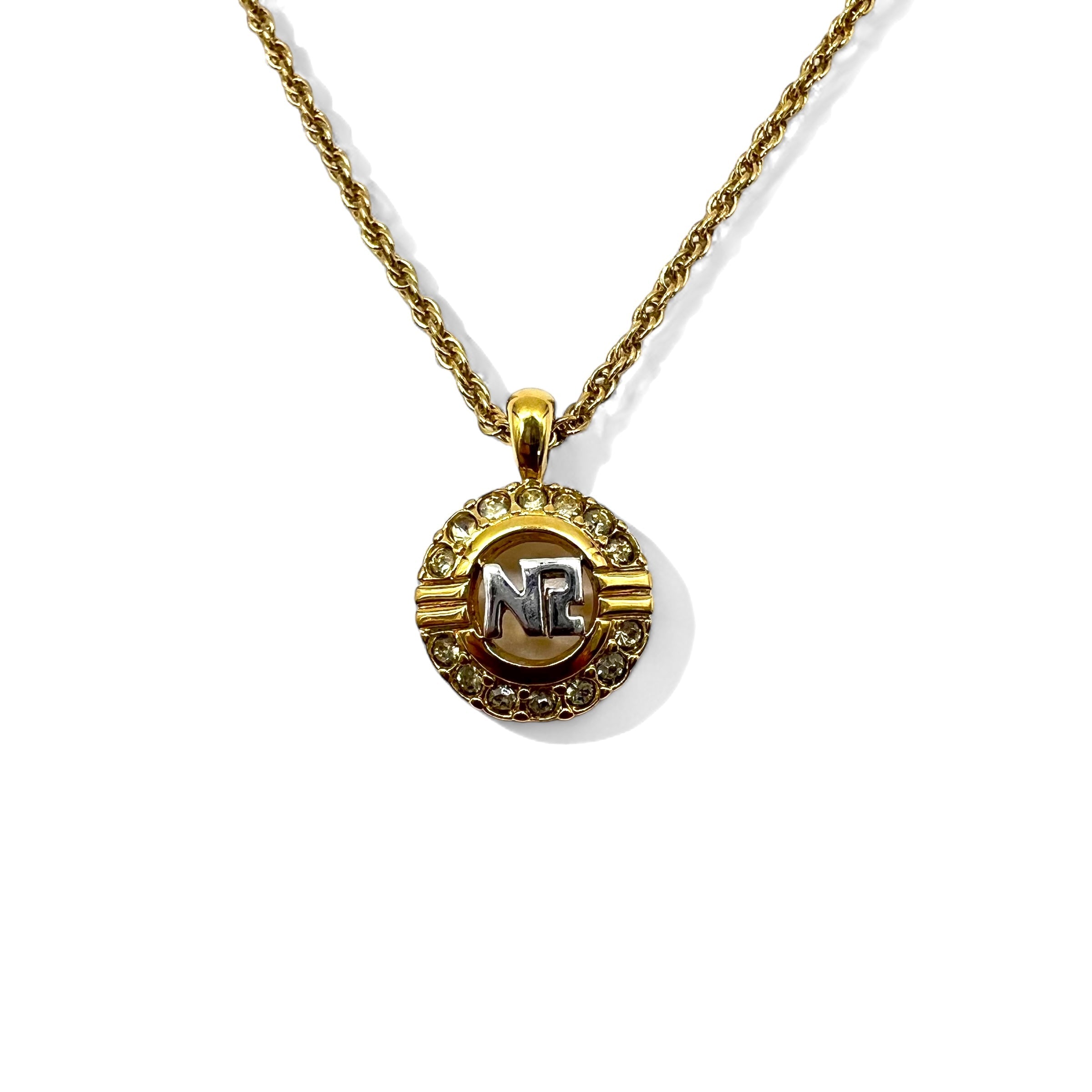 NINA RICCI Collana a catena a spirale con strass Oro Tonda Logo Vintage