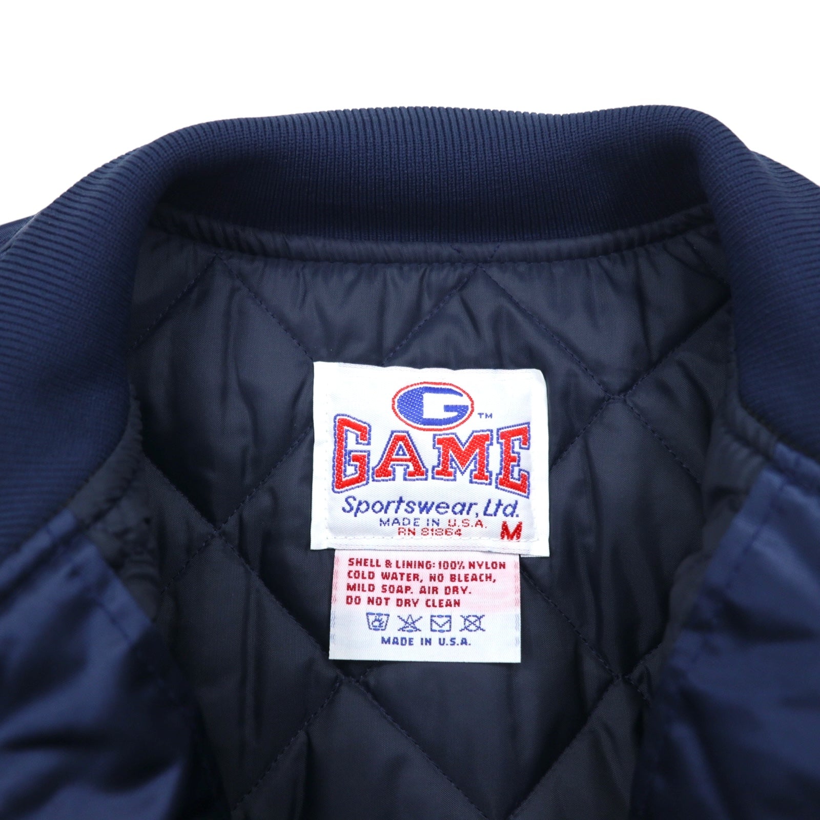 Vintage 90s Made in USA Varsity Jacket GAME Sportswear スタジャン M ネイビー キルティングライナー US企業 刺繍