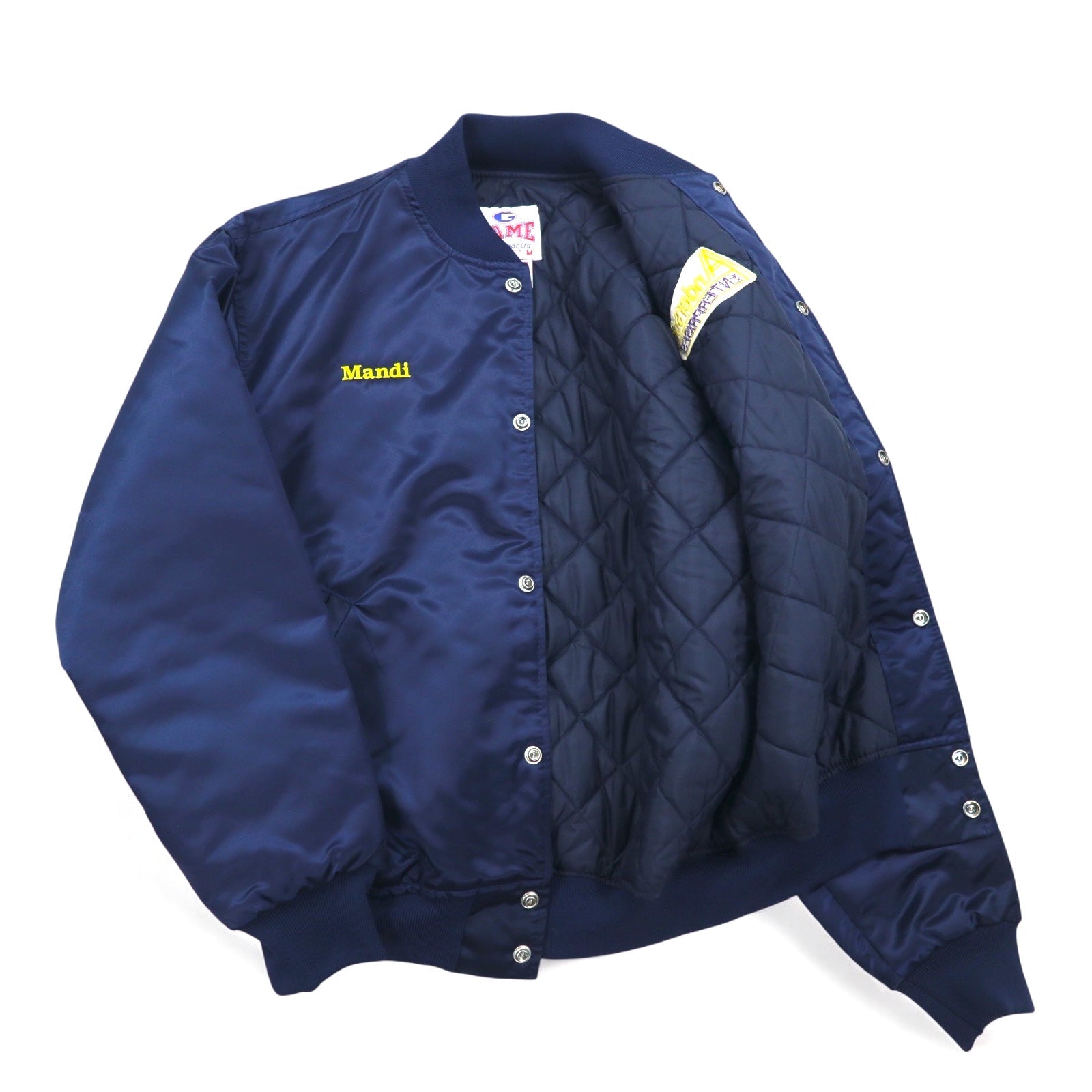 Giubbotto college vintage anni '90 Made in USA GAME Sportswear M Blu navy Fodera trapuntata Ricamo aziendale US