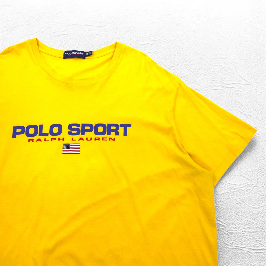 POLO SPORT RALPH LAUREN T-shirt anni '90, cucitura singola, 3XL, grande, gialla, con stampa logo bandiera americana, taglia grande