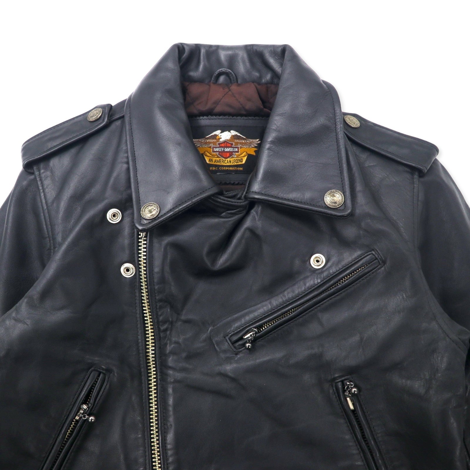 HARLEY DAVIDSON Giacca biker doppia in pelle, taglia S, colore nero, in pelle bovina, fodera trapuntata
