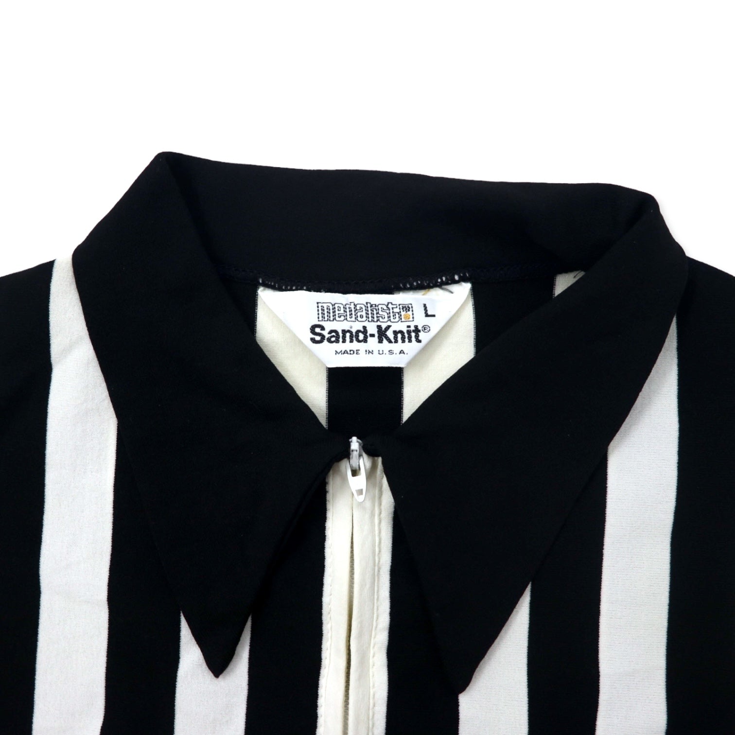 Maglia da gioco mezza zip da arbitro Sand-Knit Medalist anni '70 made in USA, taglia L, bianca, nera, a righe, in poliestere, con cerniera TALON