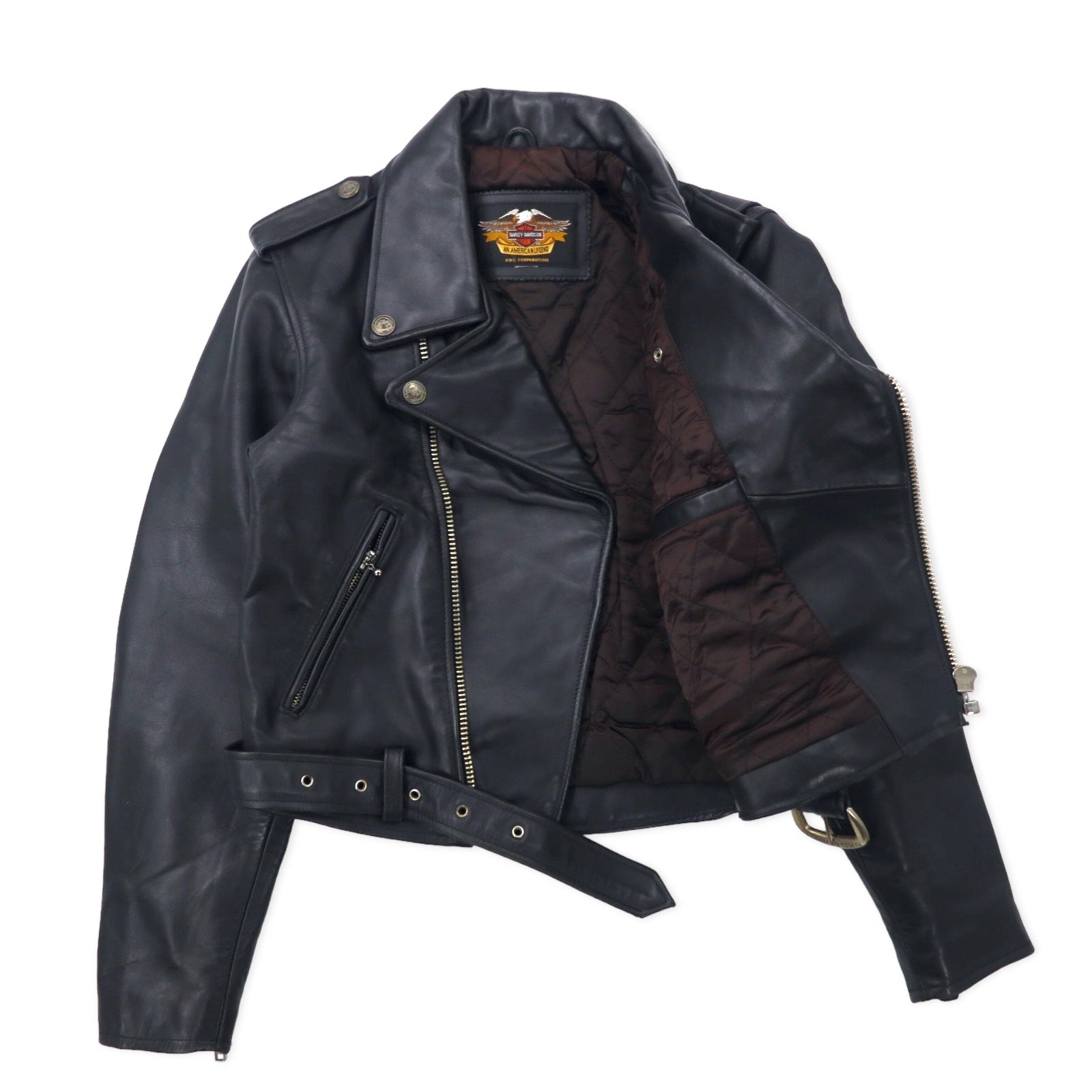 HARLEY DAVIDSON Giacca biker doppia in pelle, taglia S, colore nero, in pelle bovina, fodera trapuntata