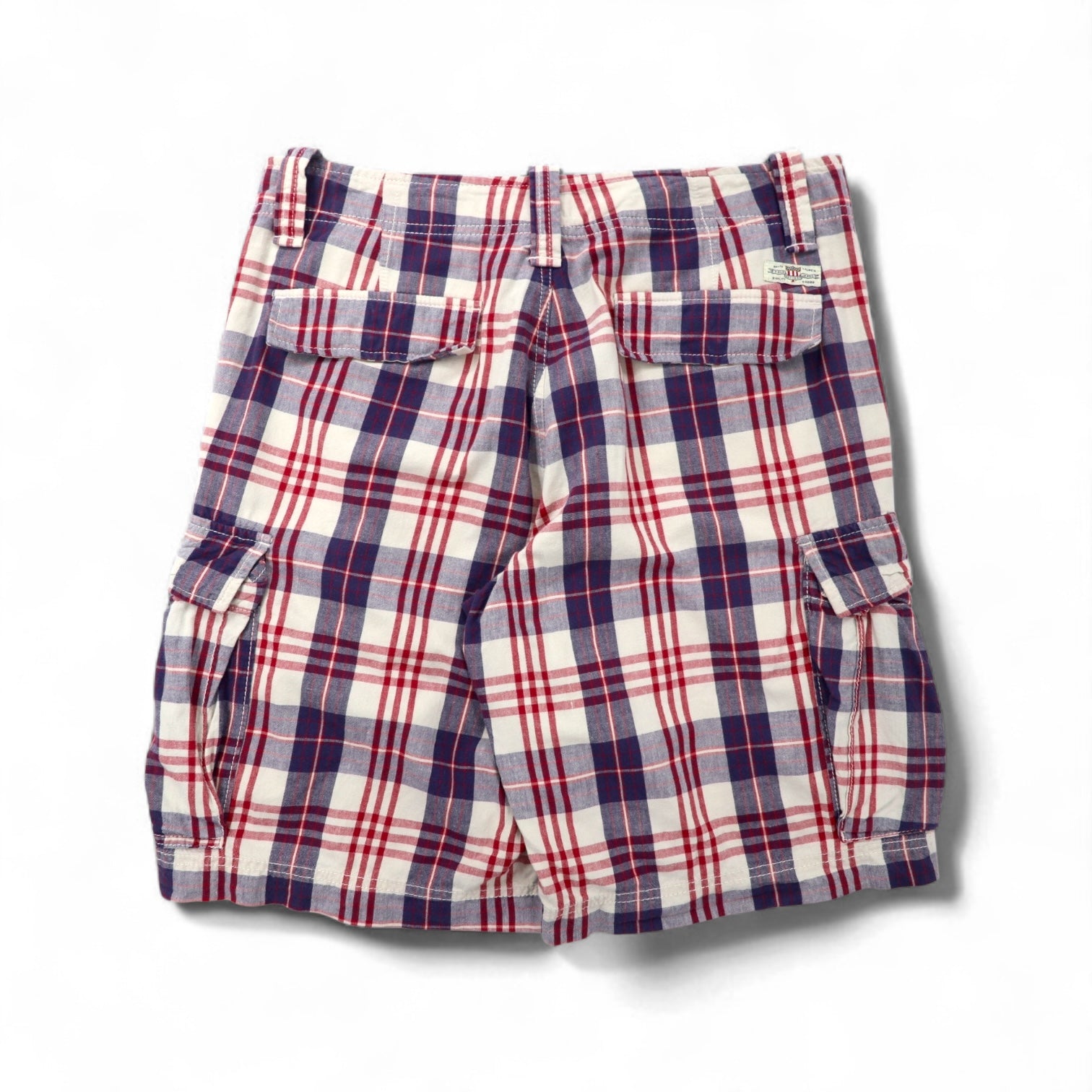 POLO JEANS COMPANY. RALPH LAUREN Pantaloncini cargo anni '90, mezza gamba, taglia L, a scacchi rossi, bianchi e blu navy, in cotone.