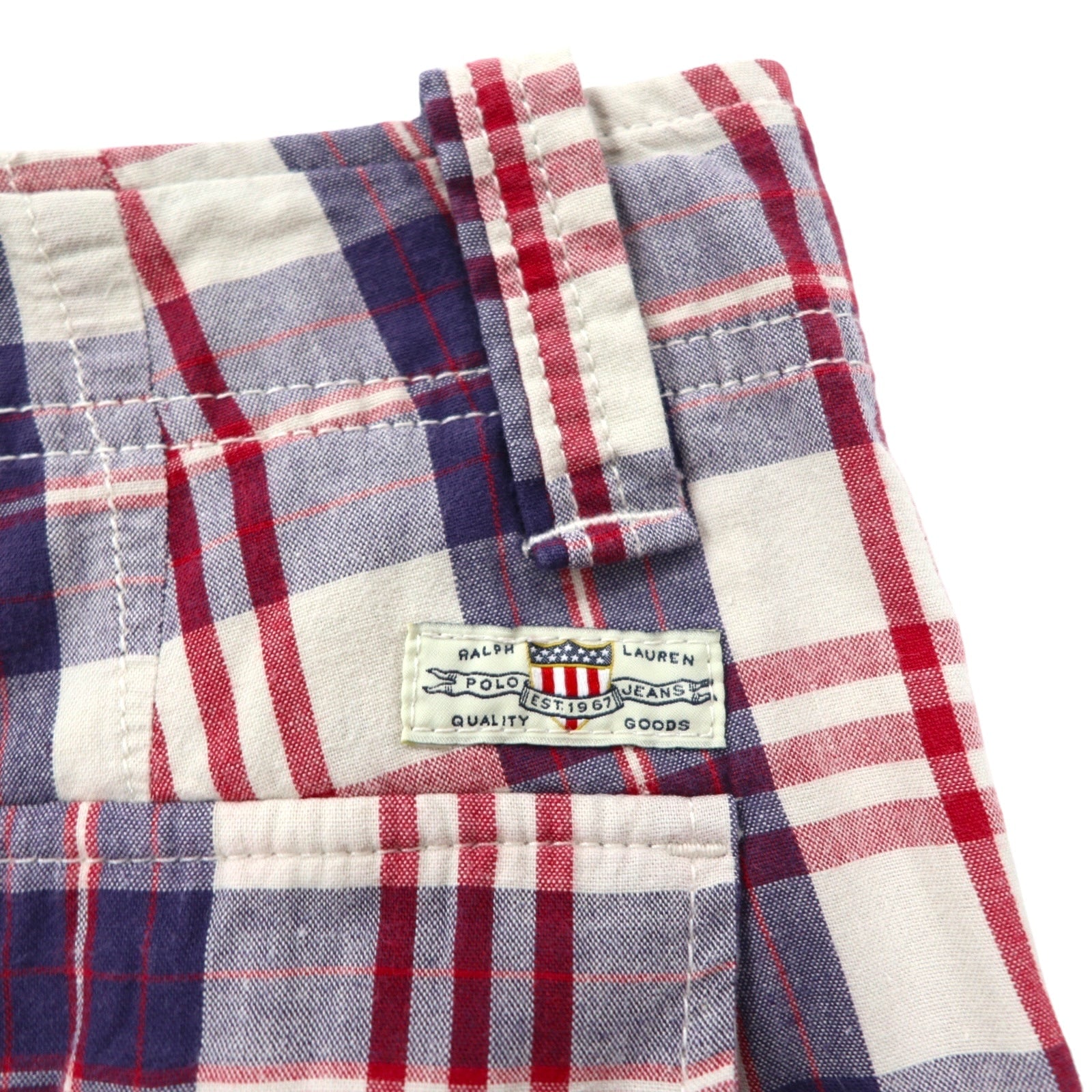 POLO JEANS COMPANY. RALPH LAUREN Pantaloncini cargo anni '90, mezza gamba, taglia L, a scacchi rossi, bianchi e blu navy, in cotone.