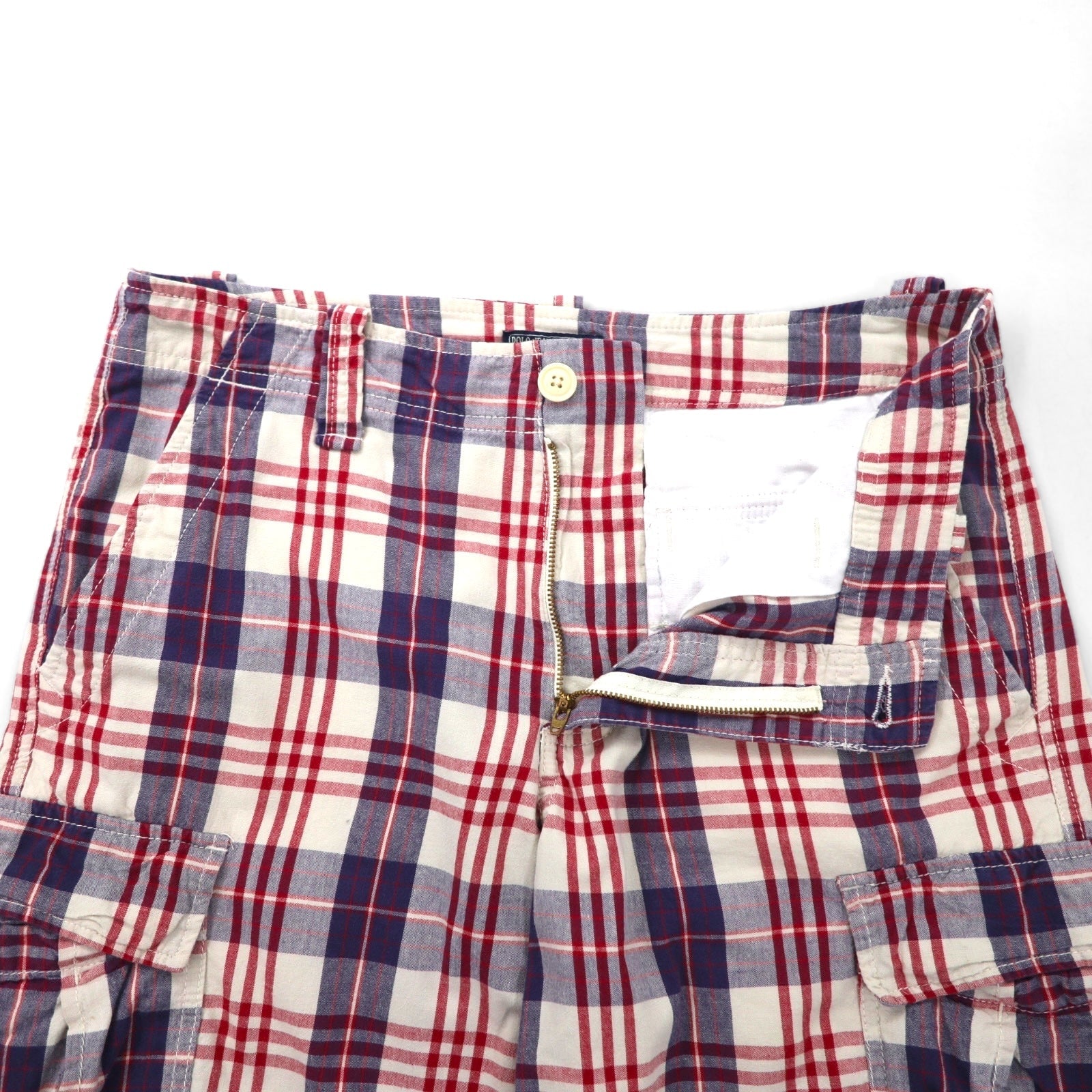 POLO JEANS COMPANY. RALPH LAUREN Pantaloncini cargo anni '90, mezza gamba, taglia L, a scacchi rossi, bianchi e blu navy, in cotone.