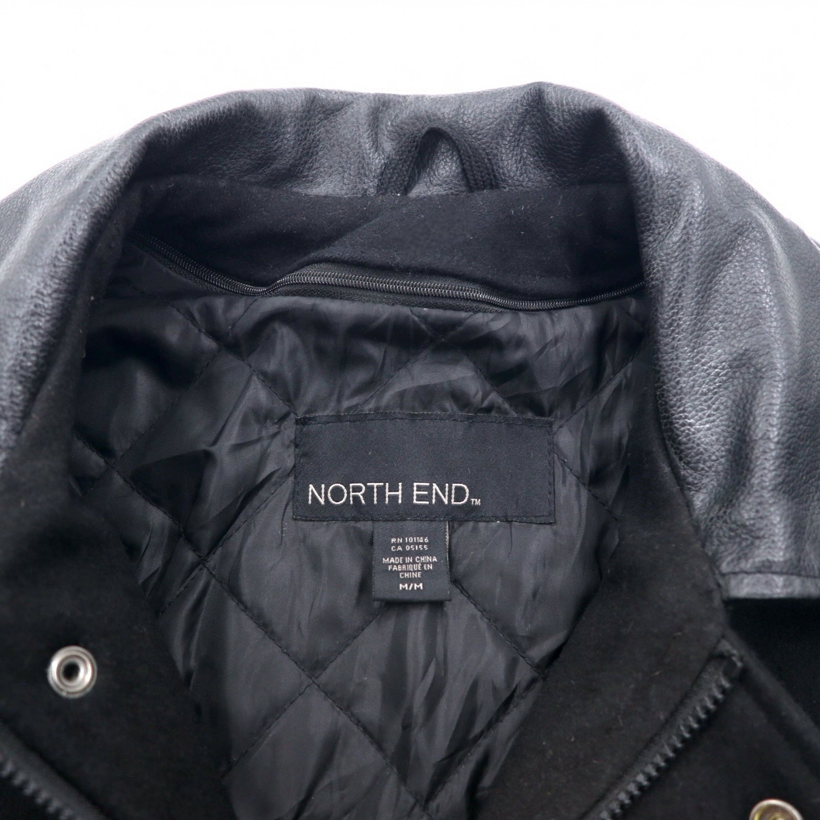 NORTH END Giubbotto college in pelle e lana con inserti, taglia M, nero, fodera trapuntata, ricamato