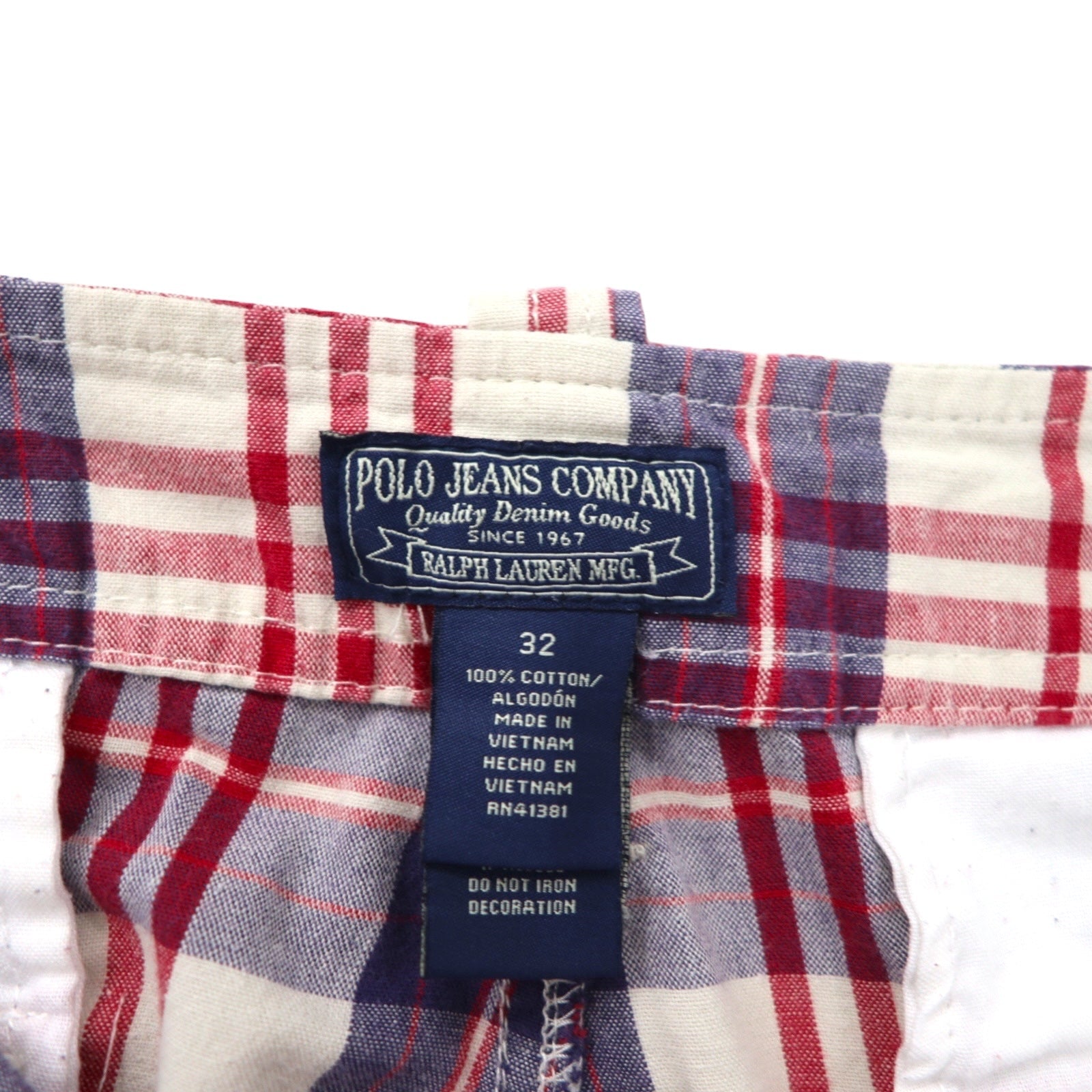 POLO JEANS COMPANY. RALPH LAUREN Pantaloncini cargo anni '90, mezza gamba, taglia L, a scacchi rossi, bianchi e blu navy, in cotone.