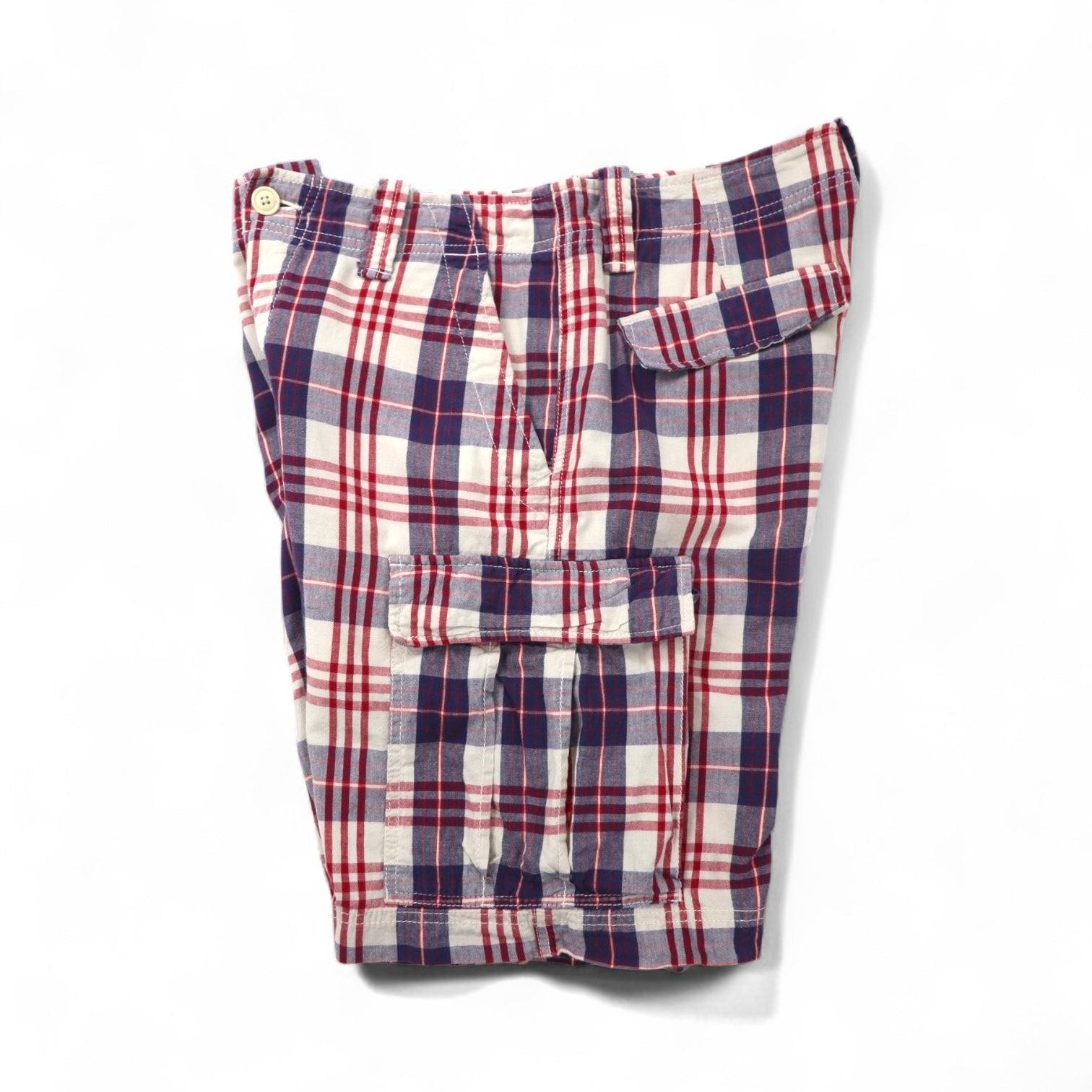 POLO JEANS COMPANY. RALPH LAUREN Pantaloncini cargo anni '90, mezza gamba, taglia L, a scacchi rossi, bianchi e blu navy, in cotone.