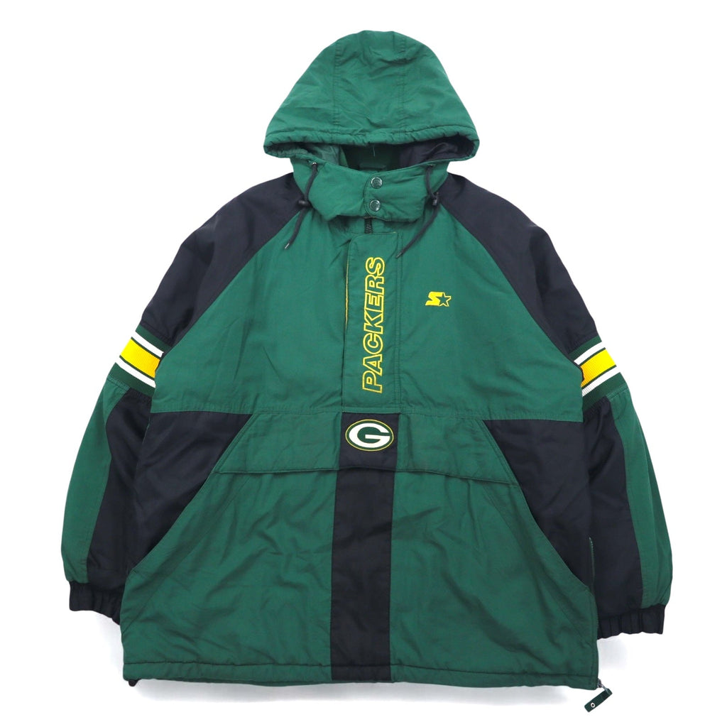 STARTER anni '90 NFL PRO LINE Giacca a vento con cappuccio imbottita XL Verde Nylon PACKERS, cappuccio rimovibile