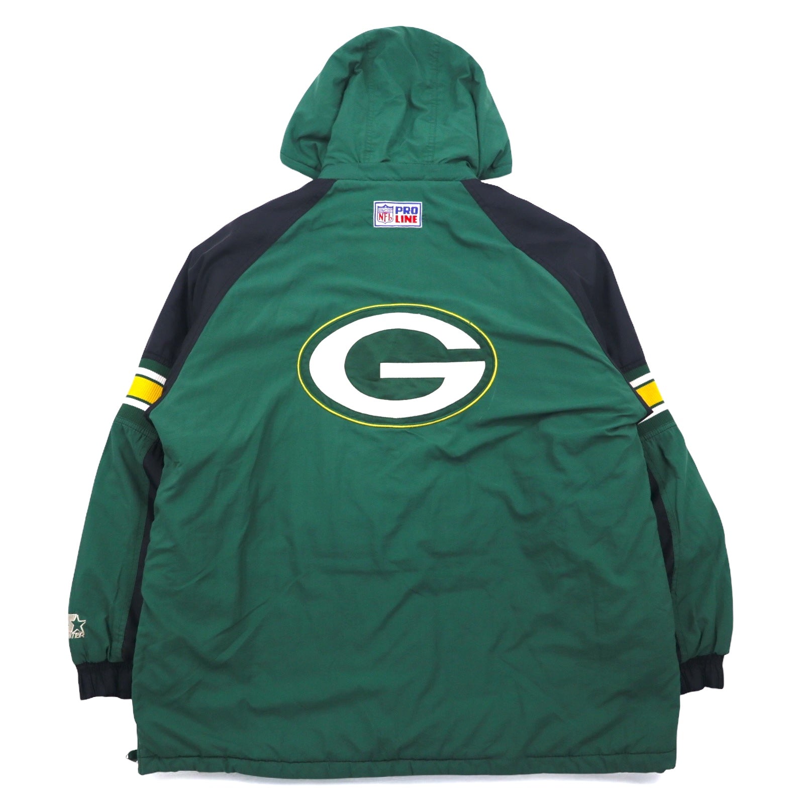 STARTER anni '90 NFL PRO LINE Giacca a vento con cappuccio imbottita XL Verde Nylon PACKERS, cappuccio rimovibile