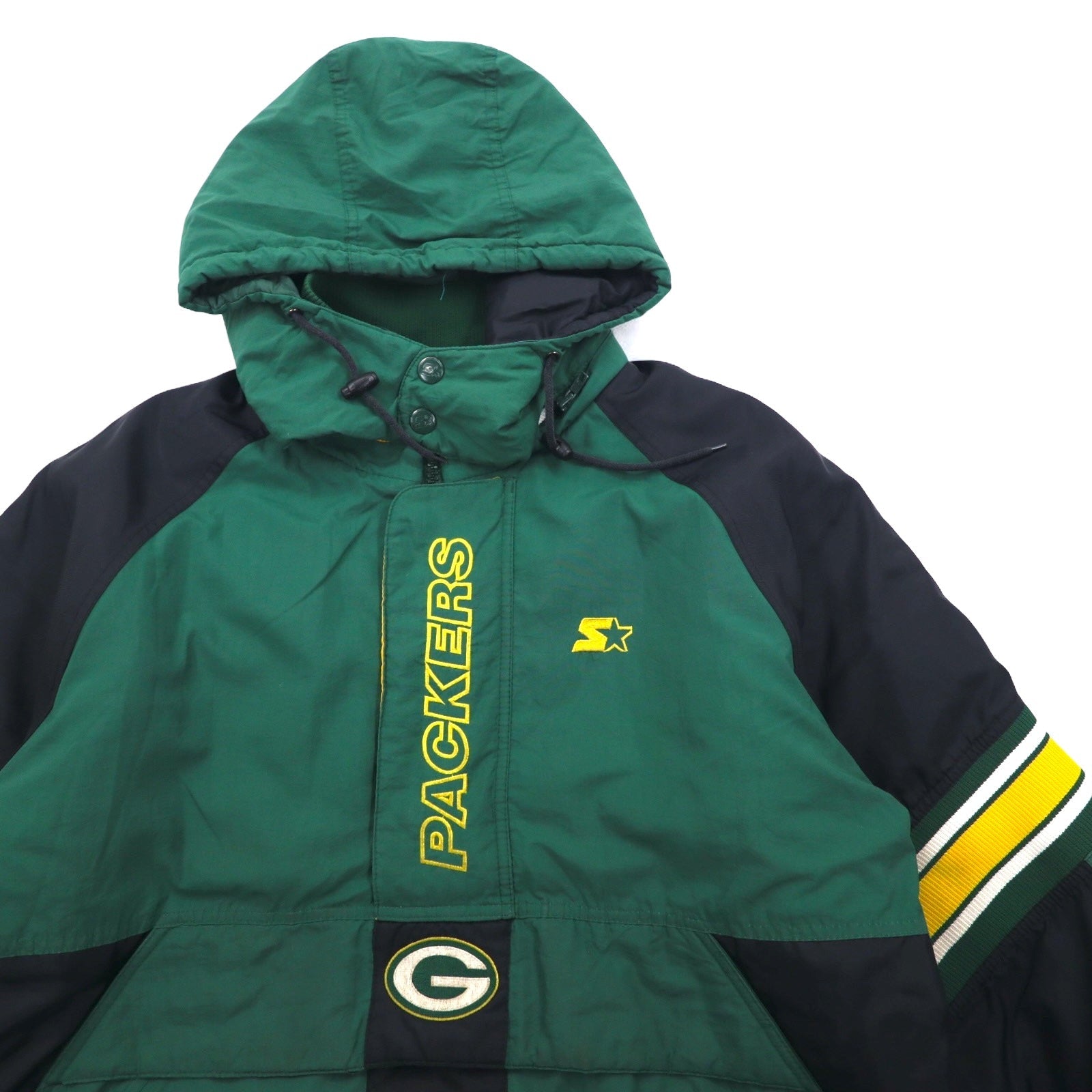 STARTER anni '90 NFL PRO LINE Giacca a vento con cappuccio imbottita XL Verde Nylon PACKERS, cappuccio rimovibile