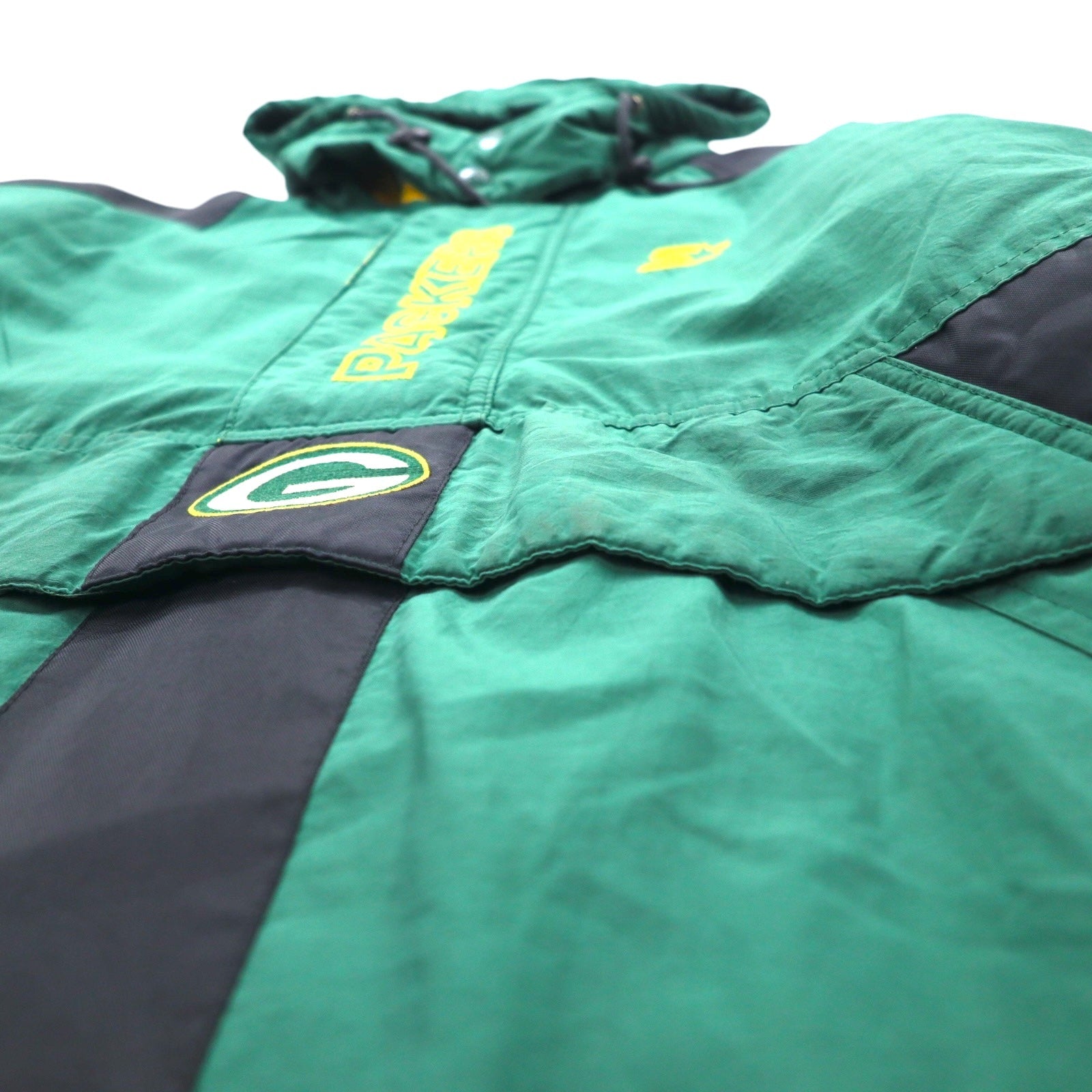 STARTER anni '90 NFL PRO LINE Giacca a vento con cappuccio imbottita XL Verde Nylon PACKERS, cappuccio rimovibile