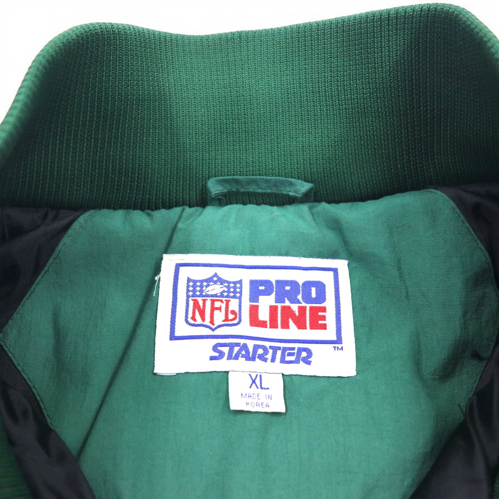 STARTER anni '90 NFL PRO LINE Giacca a vento con cappuccio imbottita XL Verde Nylon PACKERS, cappuccio rimovibile