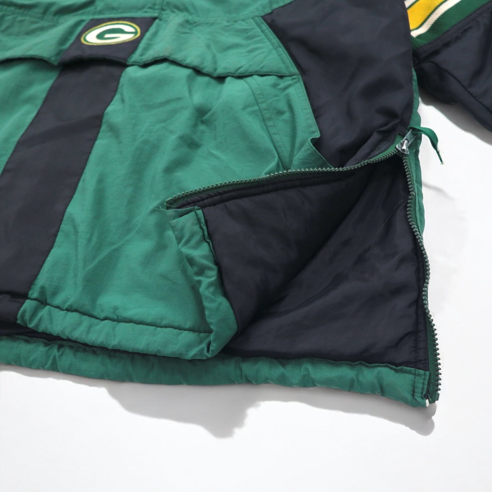 STARTER anni '90 NFL PRO LINE Giacca a vento con cappuccio imbottita XL Verde Nylon PACKERS, cappuccio rimovibile