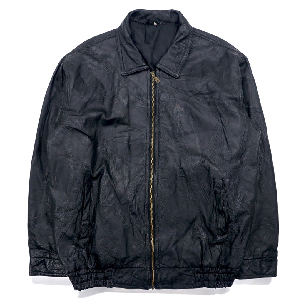 Bomber jacket vintage in pelle patchwork, giacca in pelle patchwork, XL, nero