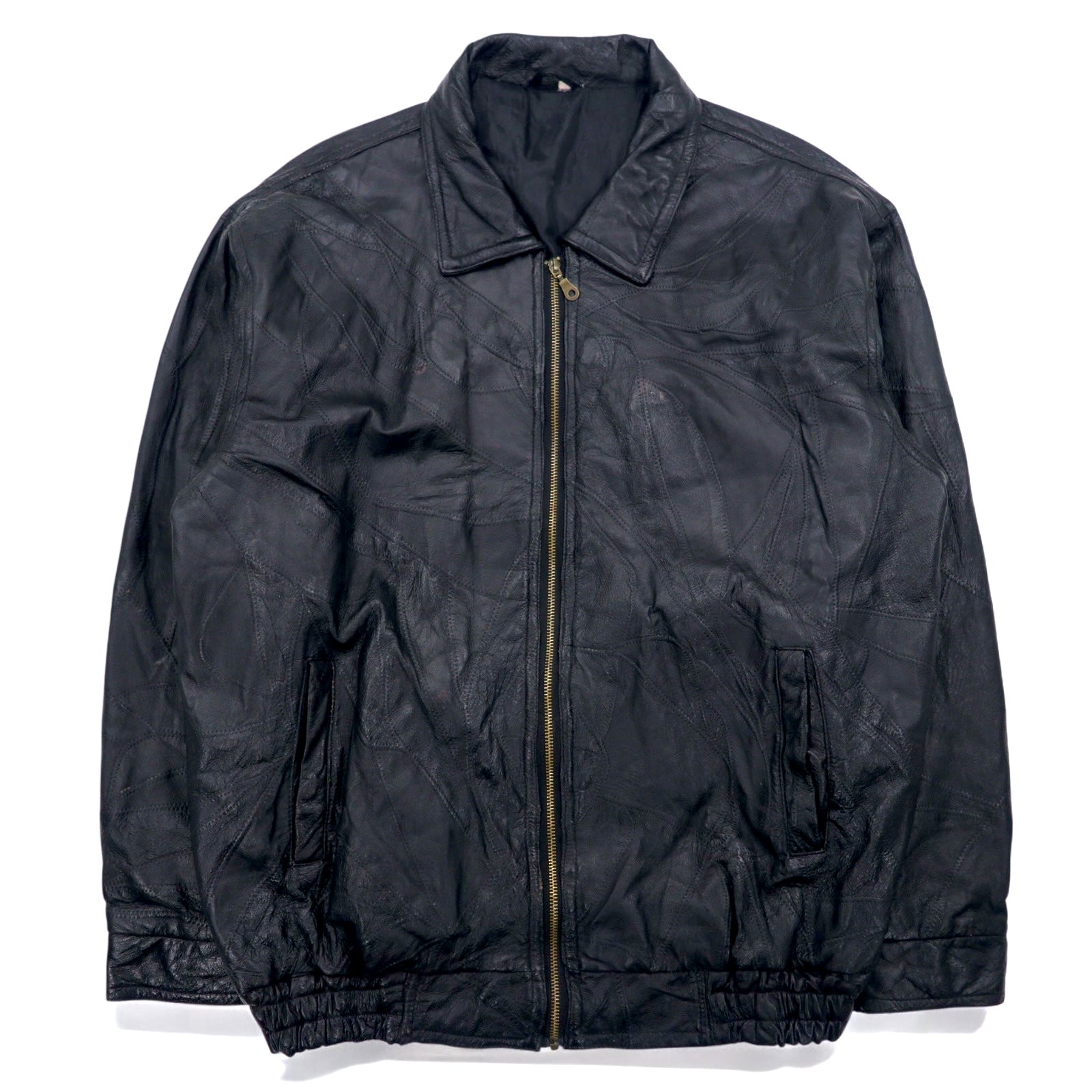 Bomber jacket vintage in pelle patchwork, giacca in pelle patchwork, XL, nero