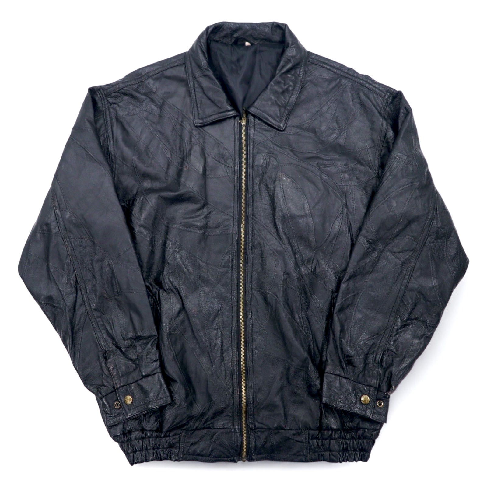 Bomber jacket vintage in pelle patchwork, giacca in pelle patchwork, XL, nero