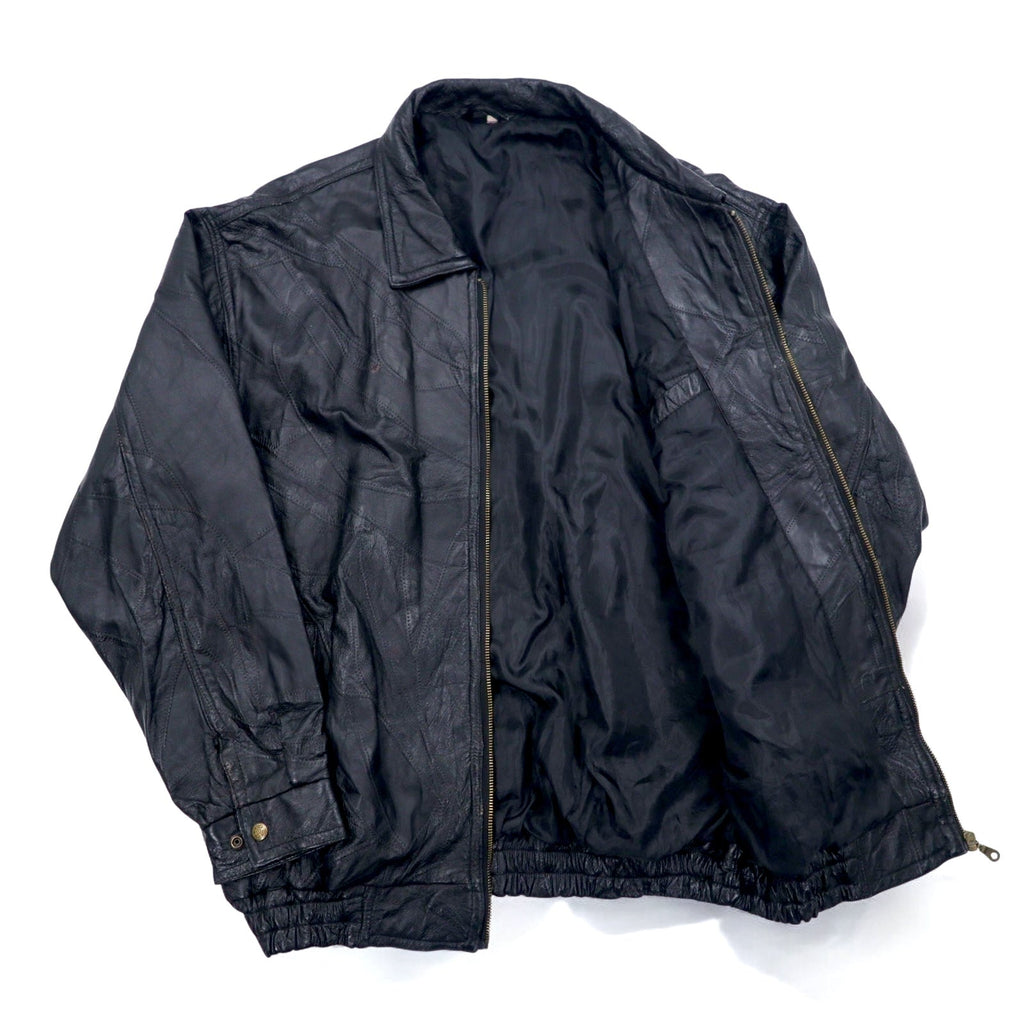 Bomber jacket vintage in pelle patchwork, giacca in pelle patchwork, XL, nero