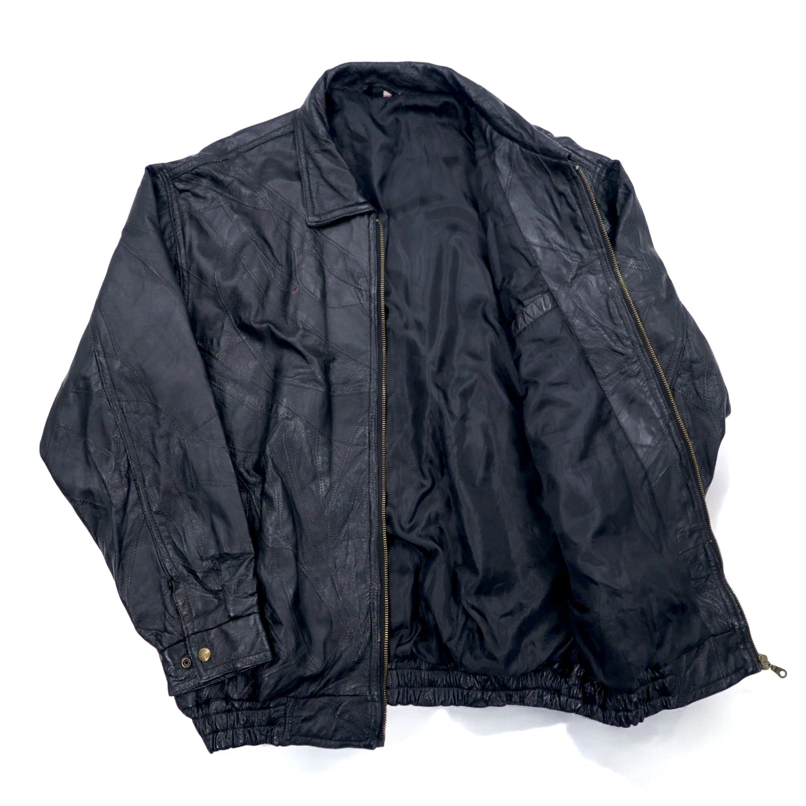 Bomber jacket vintage in pelle patchwork, giacca in pelle patchwork, XL, nero
