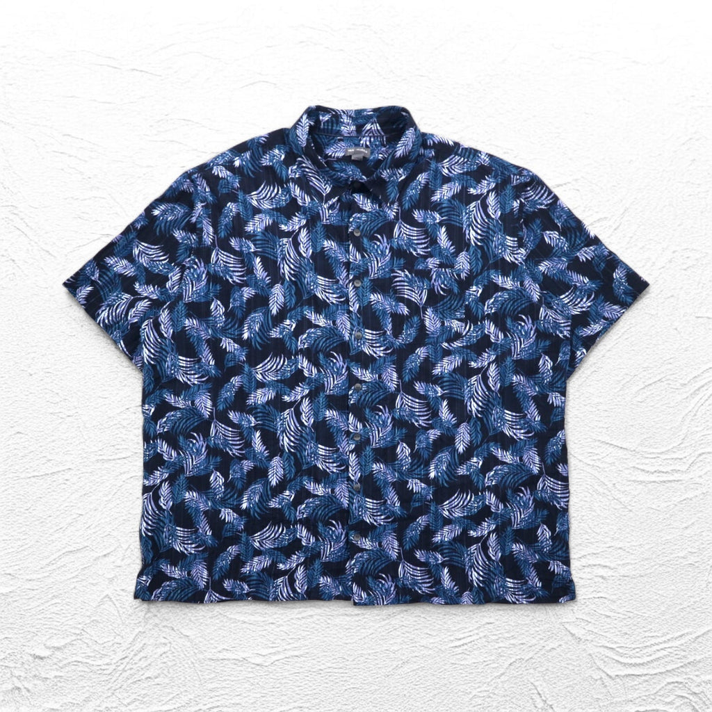 VAN HEUSEN Anni 2000 Camicia hawaiana 2XL Blu navy Fantasia all-over Foglie botaniche Tasca sul petto Taglia grande