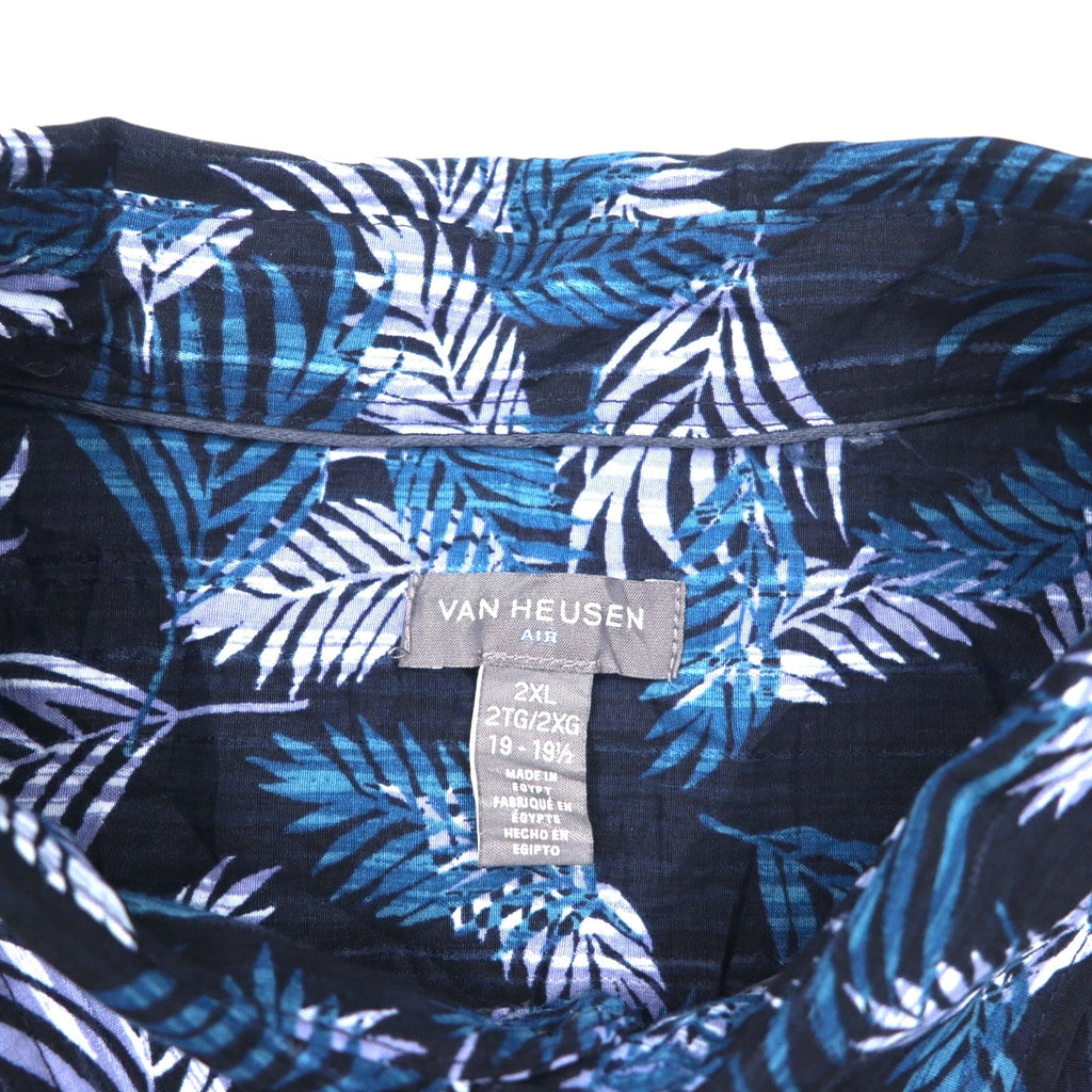 VAN HEUSEN Anni 2000 Camicia hawaiana 2XL Blu navy Fantasia all-over Foglie botaniche Tasca sul petto Taglia grande