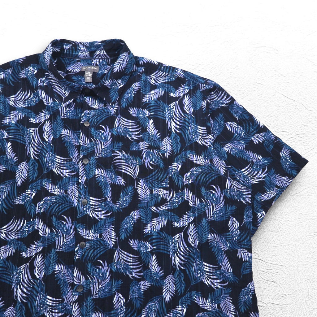 VAN HEUSEN Anni 2000 Camicia hawaiana 2XL Blu navy Fantasia all-over Foglie botaniche Tasca sul petto Taglia grande