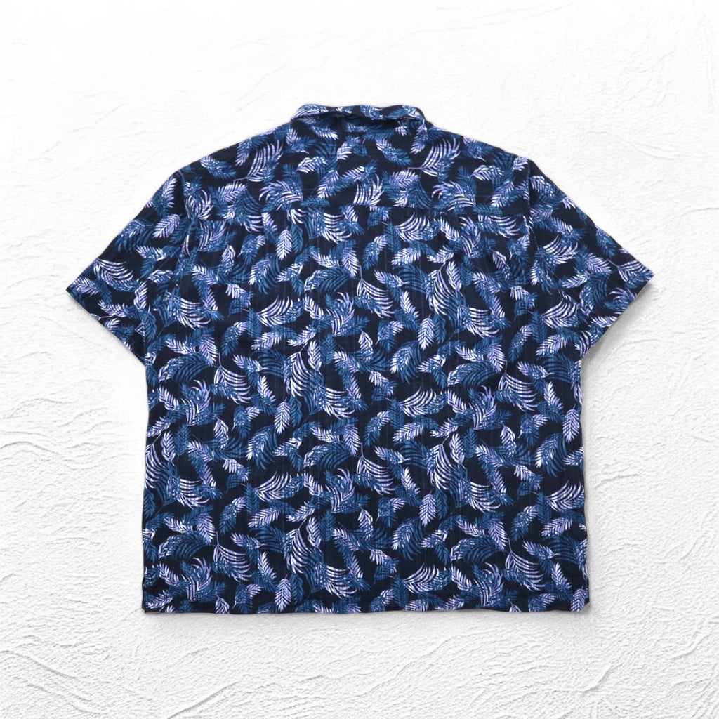 VAN HEUSEN Anni 2000 Camicia hawaiana 2XL Blu navy Fantasia all-over Foglie botaniche Tasca sul petto Taglia grande