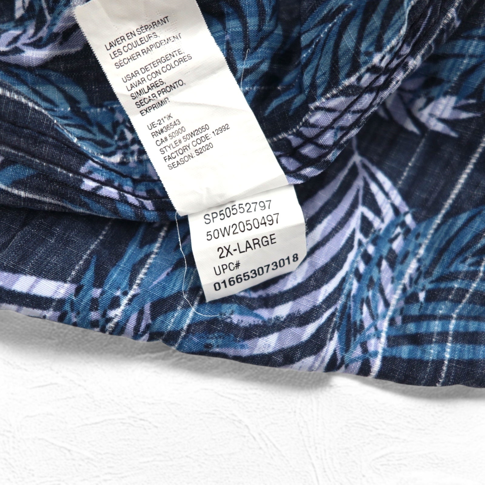 VAN HEUSEN Anni 2000 Camicia hawaiana 2XL Blu navy Fantasia all-over Foglie botaniche Tasca sul petto Taglia grande
