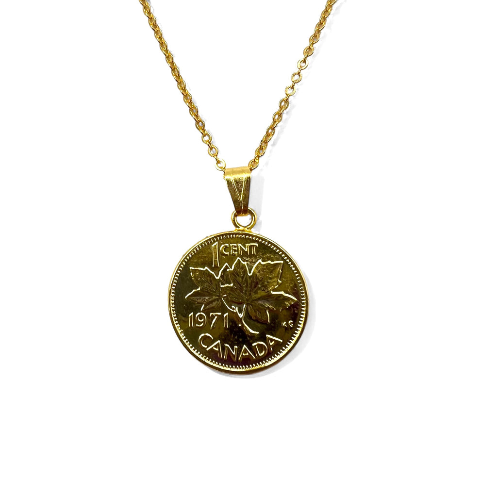 Collana con moneta canadese vintage, moneta d'acero canadese, ciondolo, moneta da 1 centesimo, oro, Elisabetta II