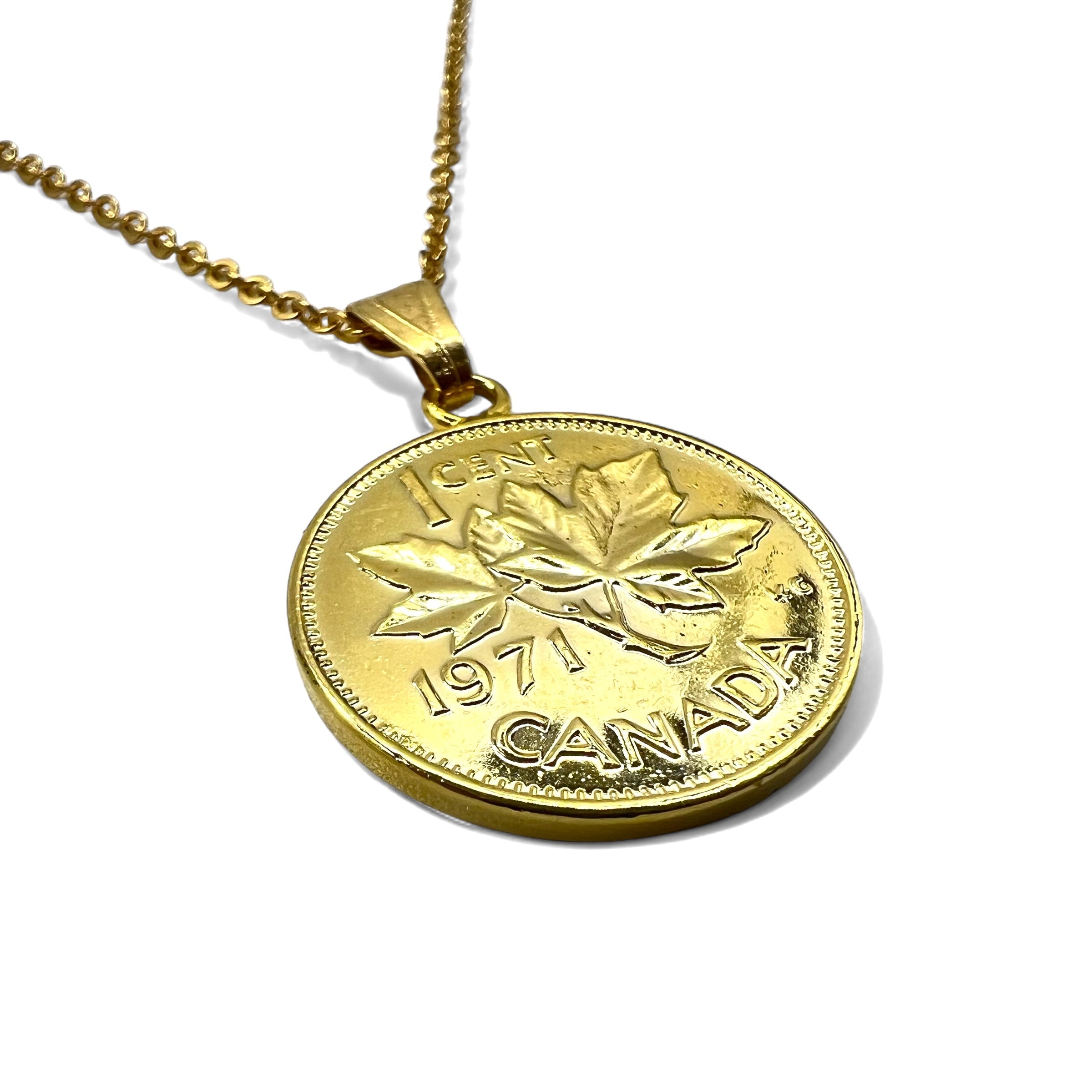 Collana con moneta canadese vintage, moneta d'acero canadese, ciondolo, moneta da 1 centesimo, oro, Elisabetta II
