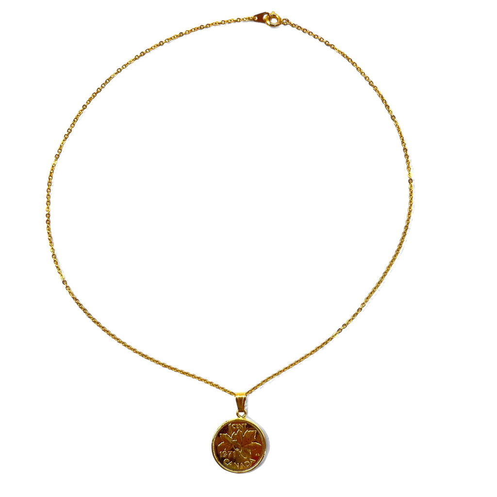 Collana con moneta canadese vintage, moneta d'acero canadese, ciondolo, moneta da 1 centesimo, oro, Elisabetta II