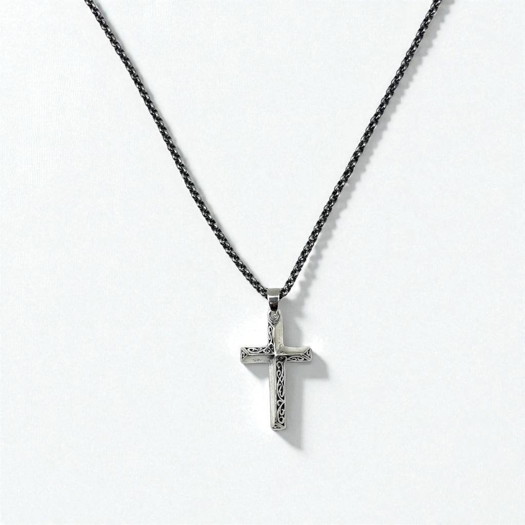 Collana in argento vintage con croce, arabesco, argento 925