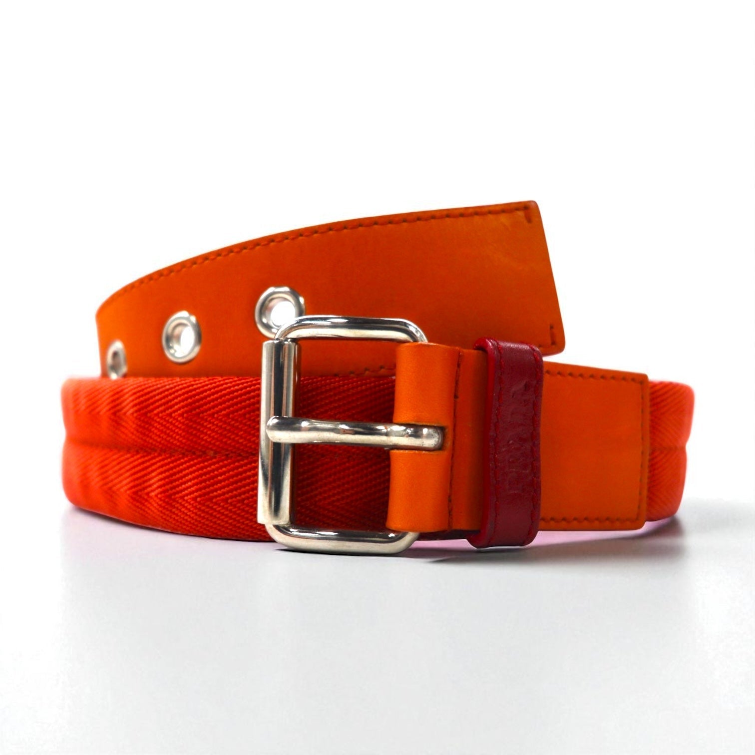 PRADA Cintura in tela di nylon LOGO LOOP UTILITY BELT 38/95 arancione con inserti in pelle 4C2855 Made in Italy