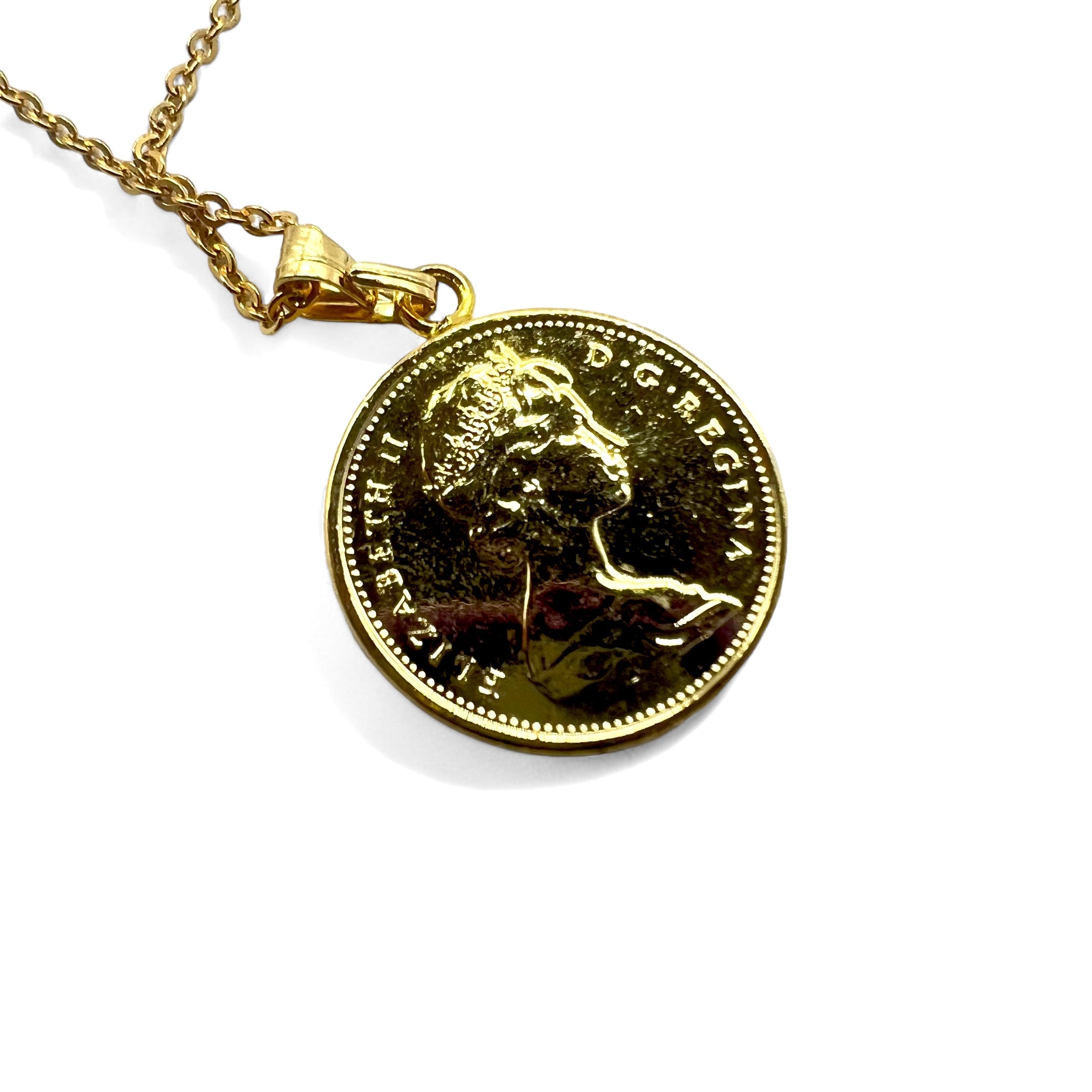 Collana con moneta canadese vintage, moneta d'acero canadese, ciondolo, moneta da 1 centesimo, oro, Elisabetta II