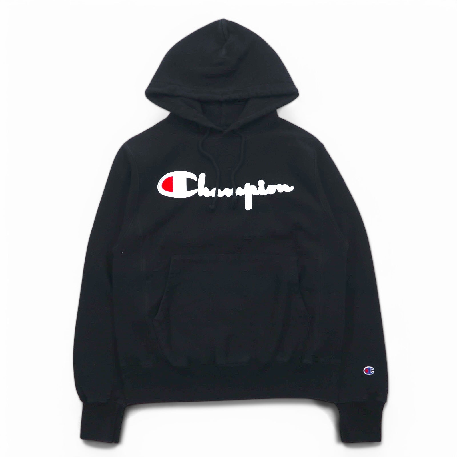 Champion Reverse Weave Felpa con cappuccio pullover L Nera Logo script etichetta blu riedizione fatta in Honduras