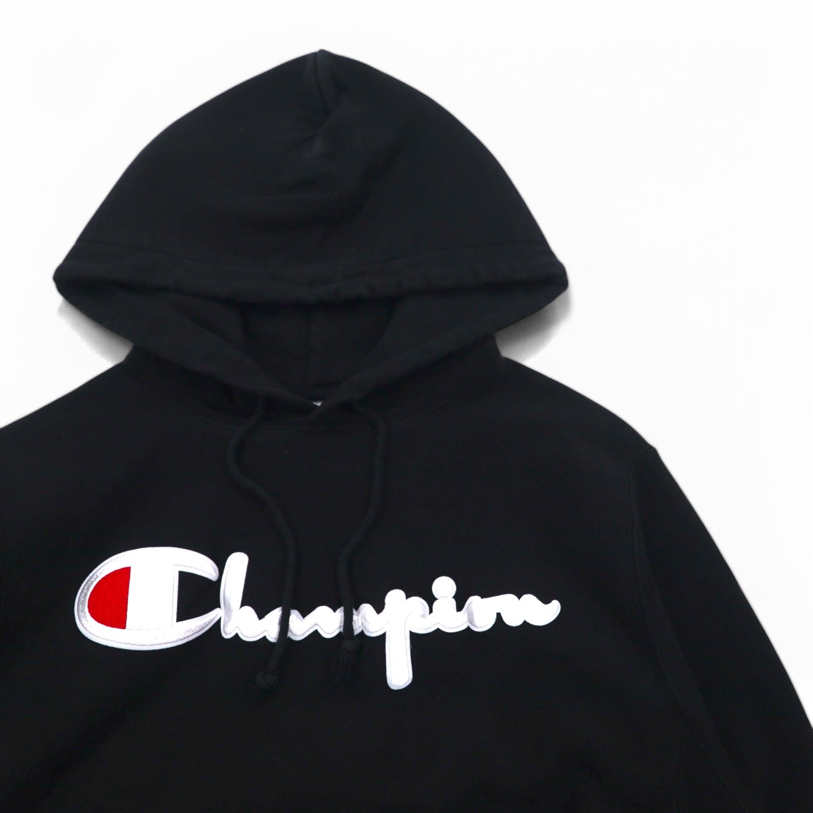 Champion Reverse Weave Felpa con cappuccio pullover L Nera Logo script etichetta blu riedizione fatta in Honduras