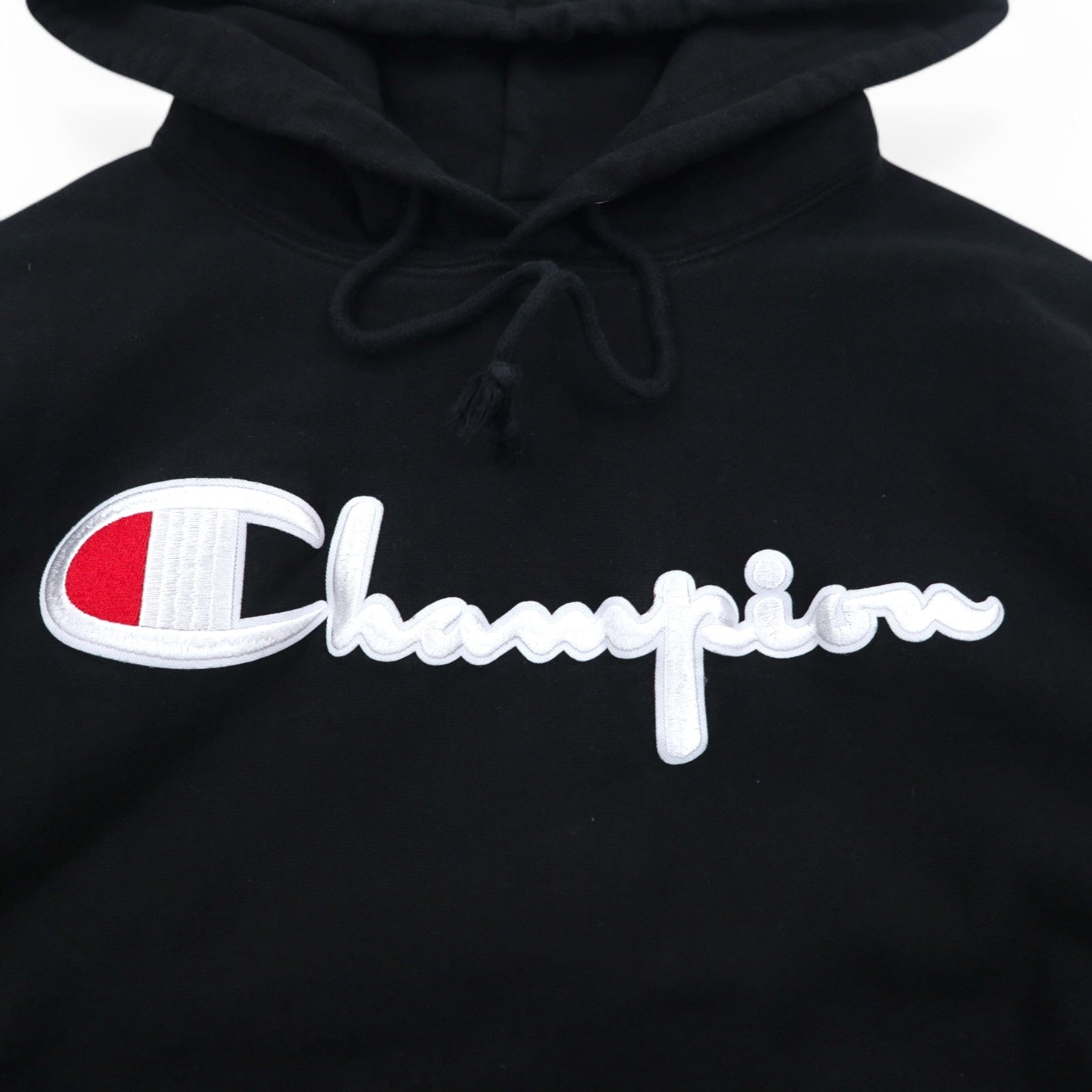 Champion Reverse Weave Felpa con cappuccio pullover L Nera Logo script etichetta blu riedizione fatta in Honduras