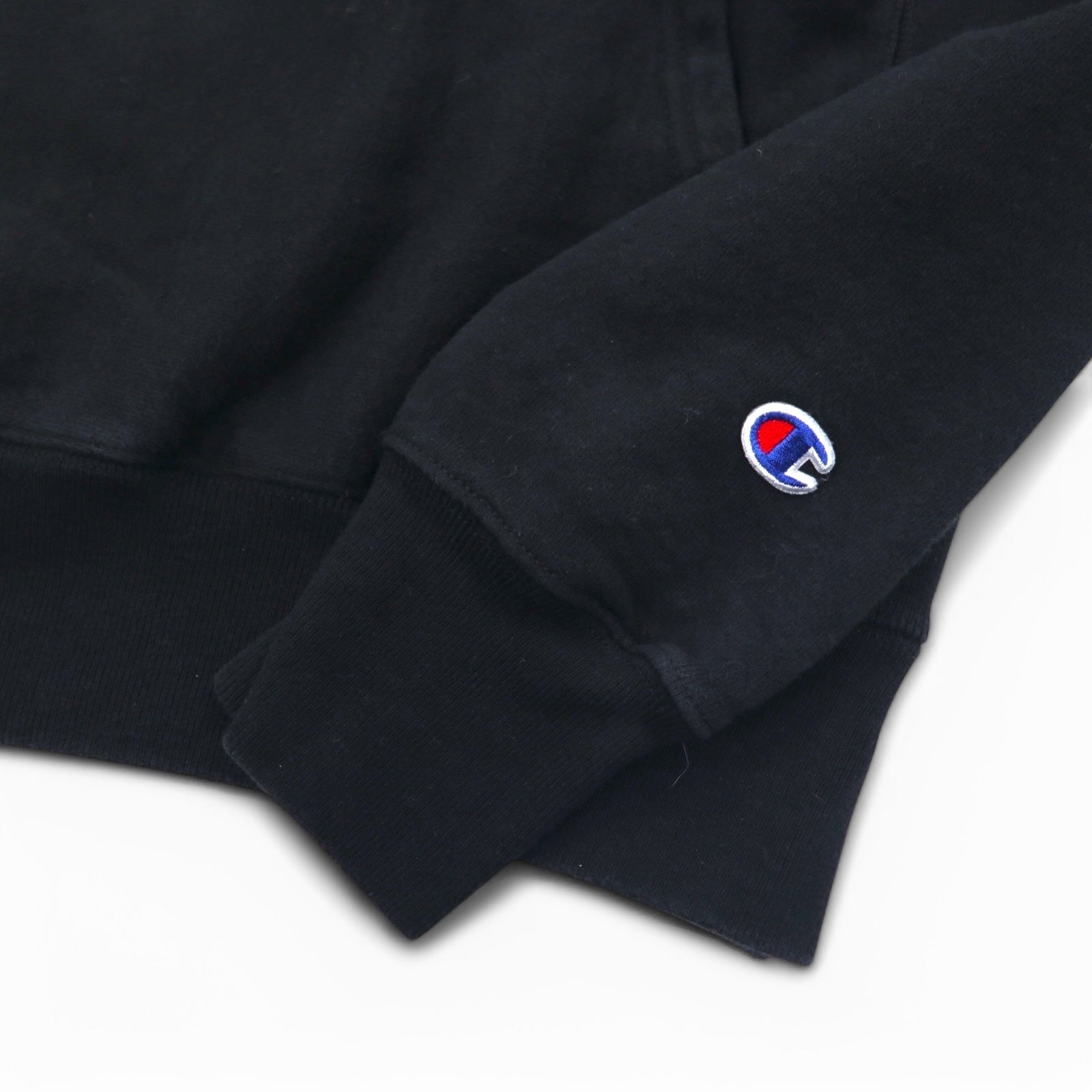 Champion Reverse Weave Felpa con cappuccio pullover L Nera Logo script etichetta blu riedizione fatta in Honduras